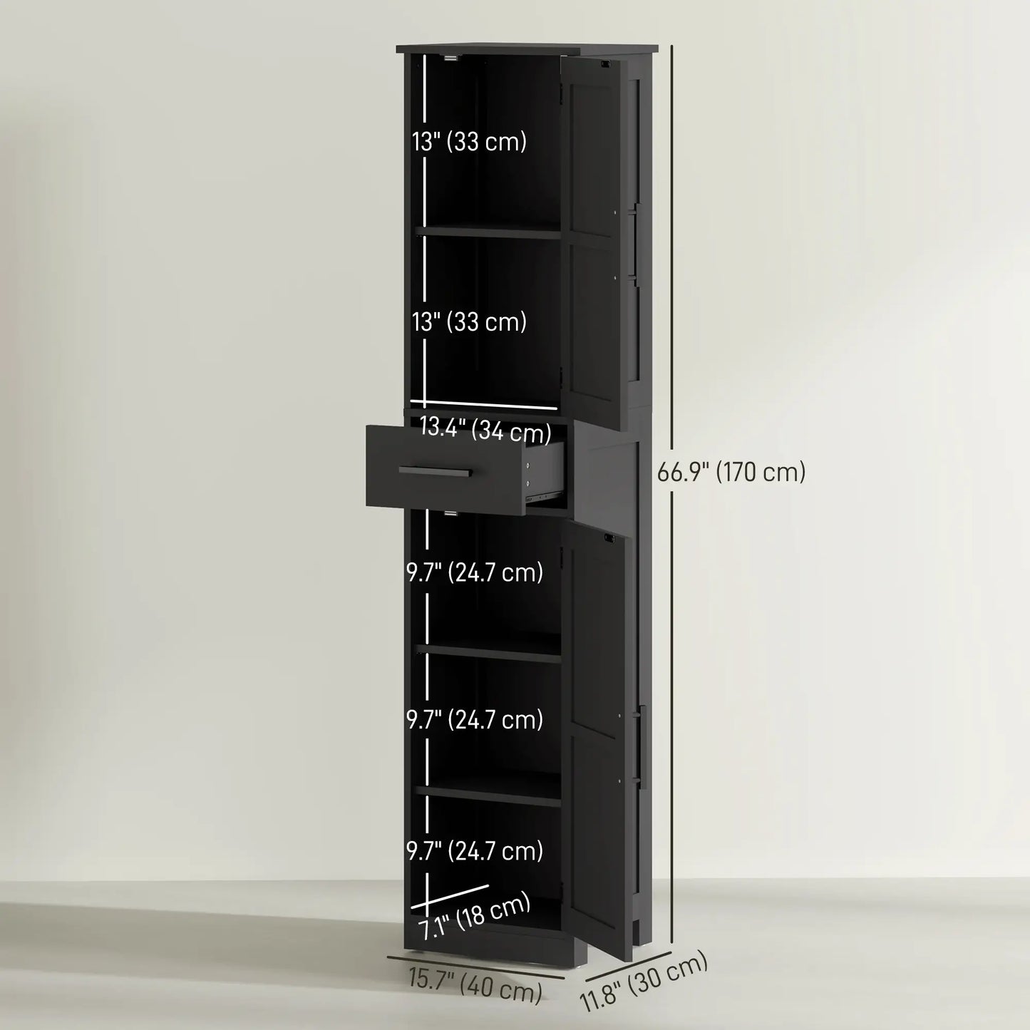 67" Tall Bathroom Cabinet, Narrow Storage with Drawer, Barn Doors, Adjustable Shelves, Black Bathroom Cabinets at Gallery Canada