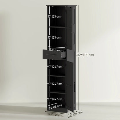 67" Tall Bathroom Cabinet, Narrow Storage with Drawer, Barn Doors, Adjustable Shelves, Black Bathroom Cabinets at Gallery Canada