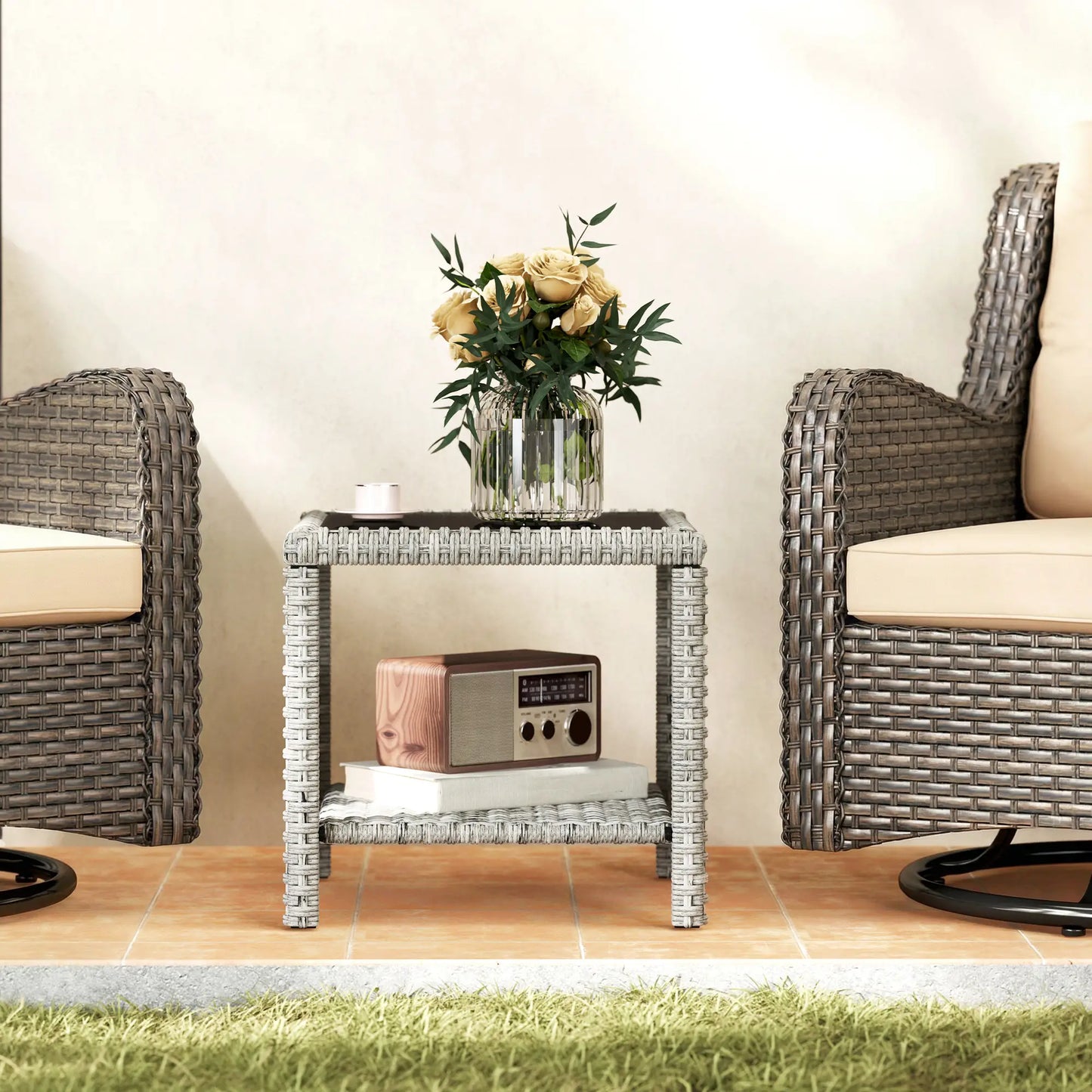 19 Outdoor Wicker Coffee Table, Glass Top, Storage Shelf, Dark Grey Patio Dinning Tables at Gallery Canada