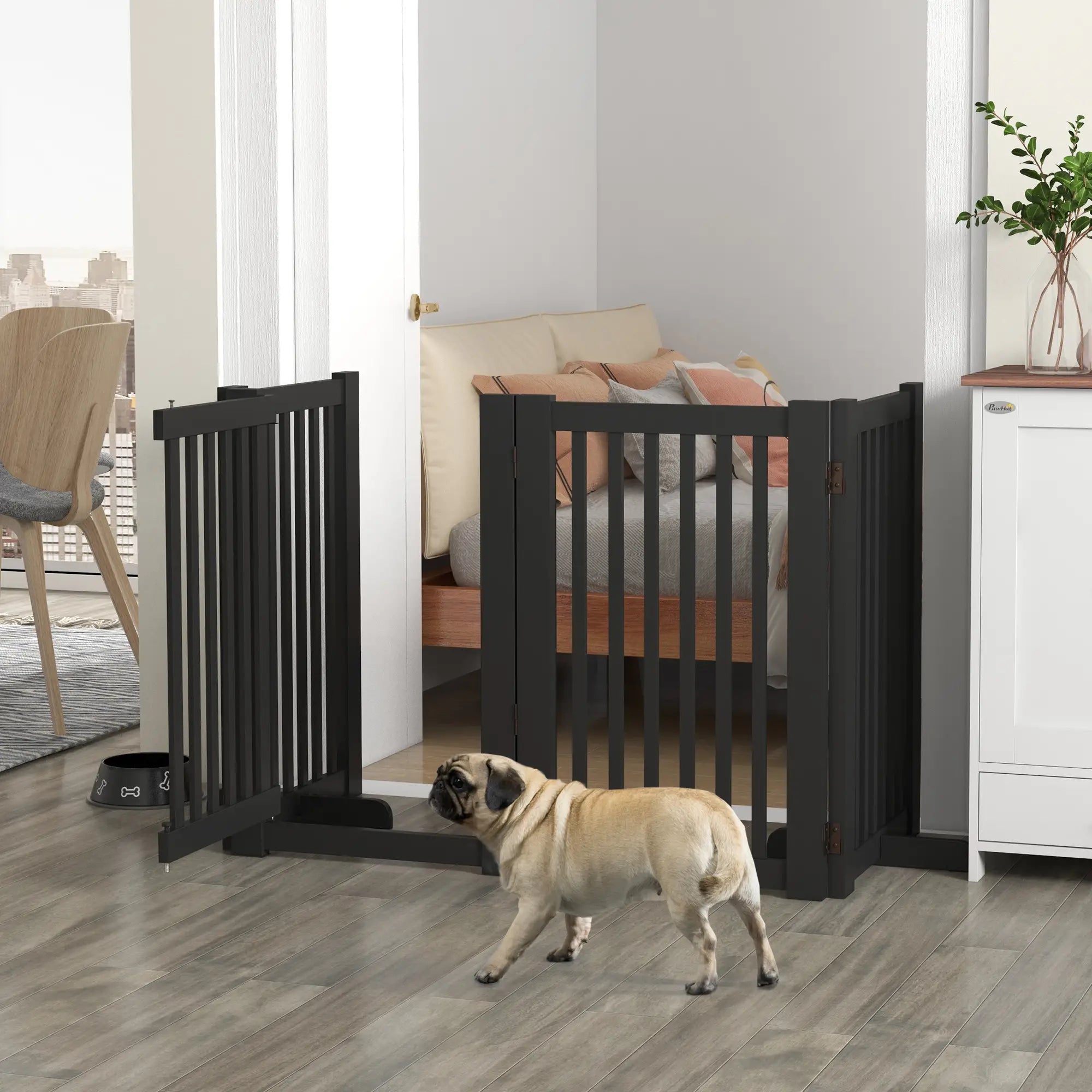 4 Panel Wooden Pet Gate, Free Standing, Open Door, Black Houses, Kennels & Pens at Gallery Canada