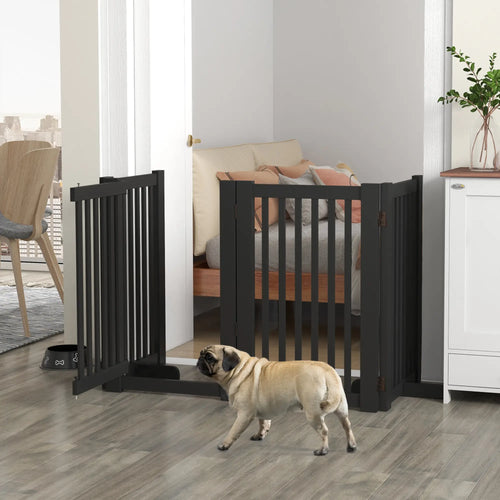 4 Panel Wooden Pet Gate, Free Standing, Open Door, Black