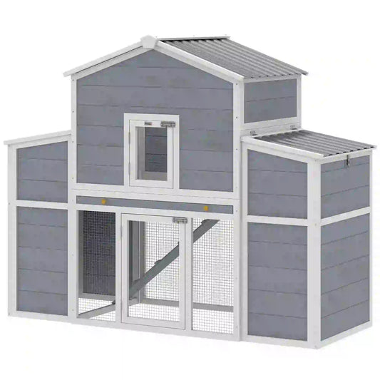 66.5" Large Chicken Coop, Wooden House, 2 Nesting Boxes, Sliding Tray, Ramp Chicken Coops Grey, White, Black at Gallery Canada