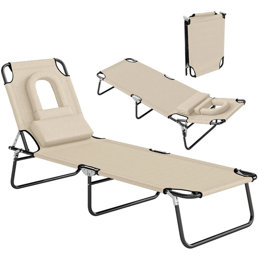 Outdoor Lounge Chair, Adjustable Backrest, Face Hole, Support Pillow, Beige Lounger Chairs Beige at Gallery Canada