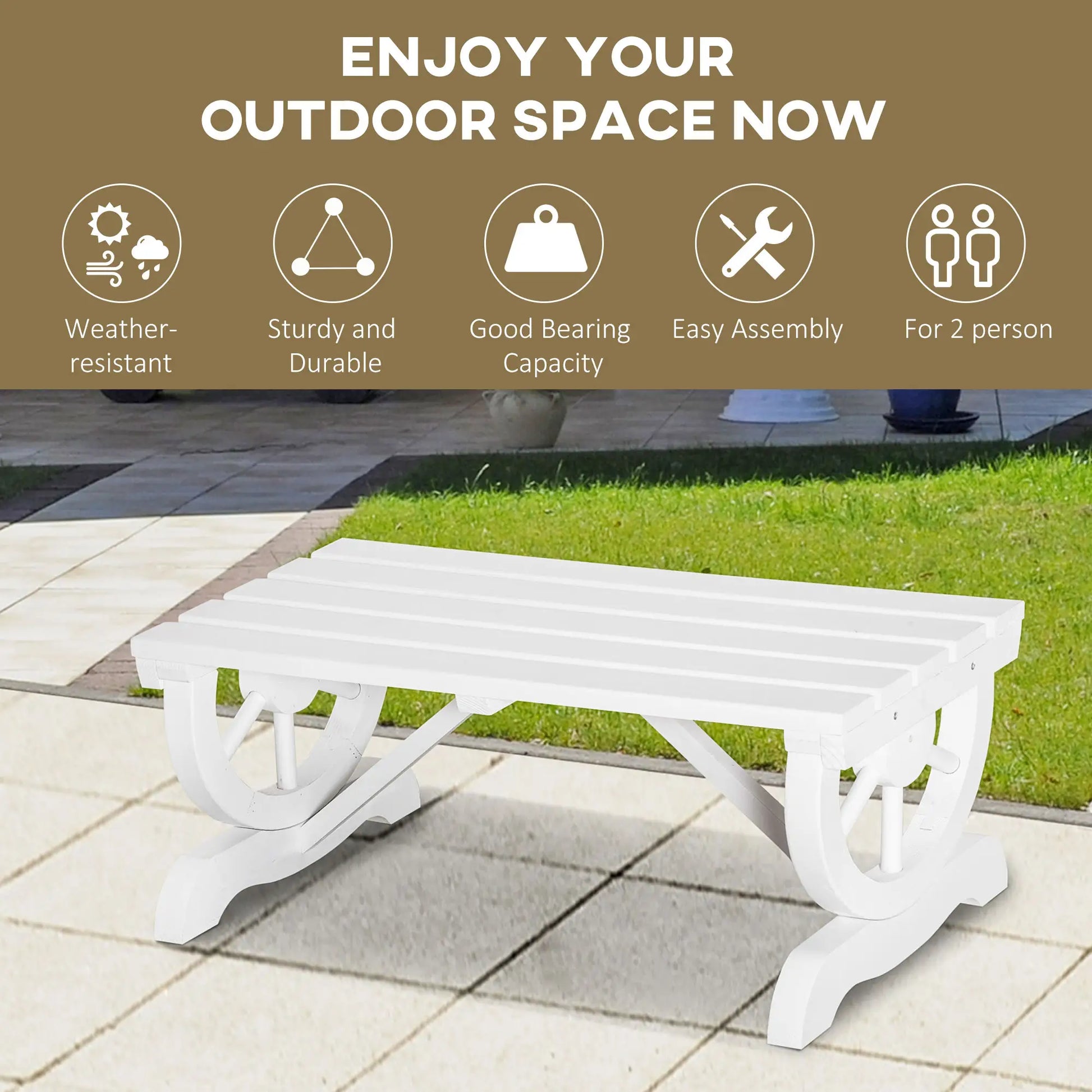 Rustic Wood Wheel Outdoor Garden Bench, 2-Person, White Outdoor Benches at Gallery Canada