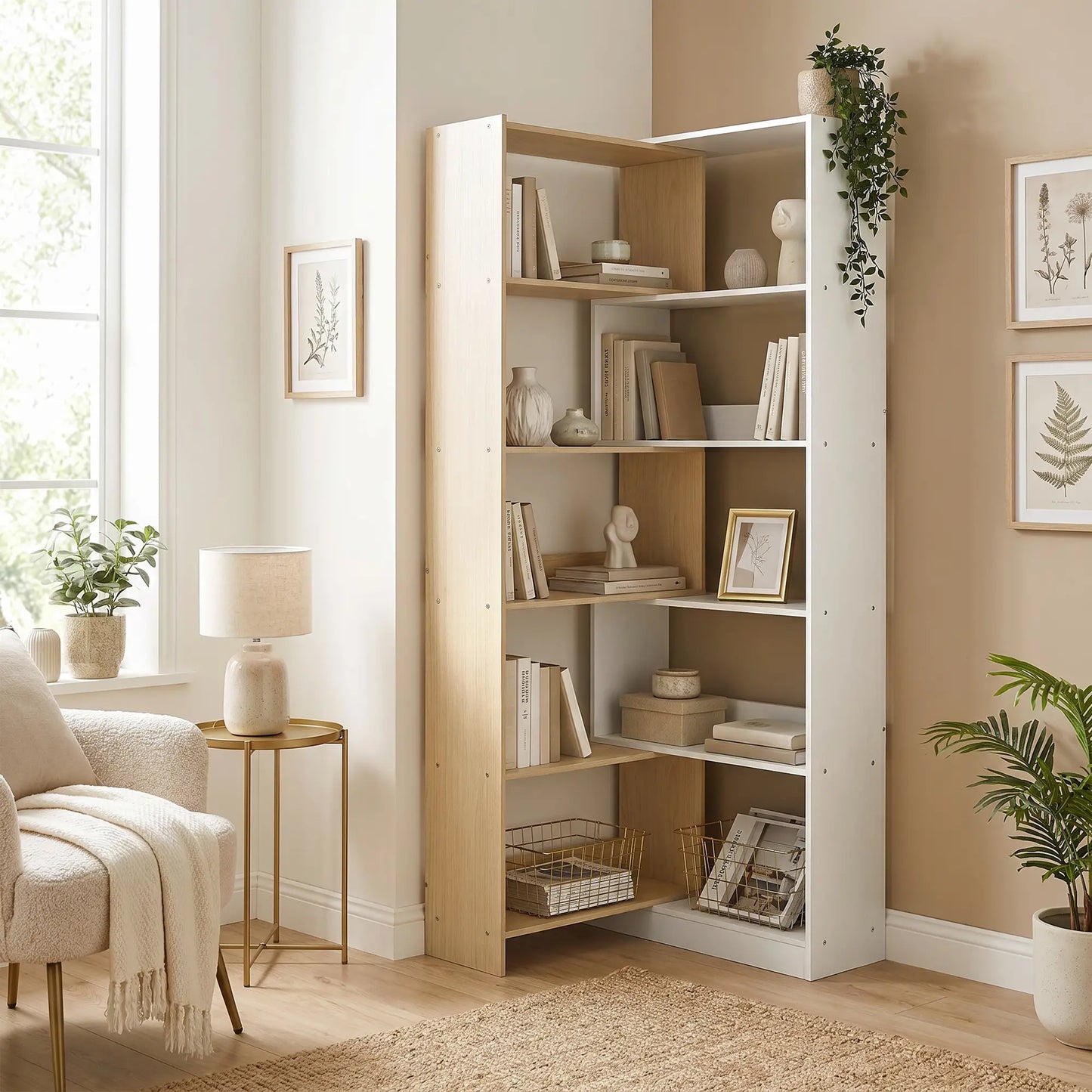 Corner Bookshelf, 5-Tier L-Shaped Bookcase with 350° Rotating Design, Two-Tone Design, Fruitwood/White Display Bookshelves at Gallery Canada