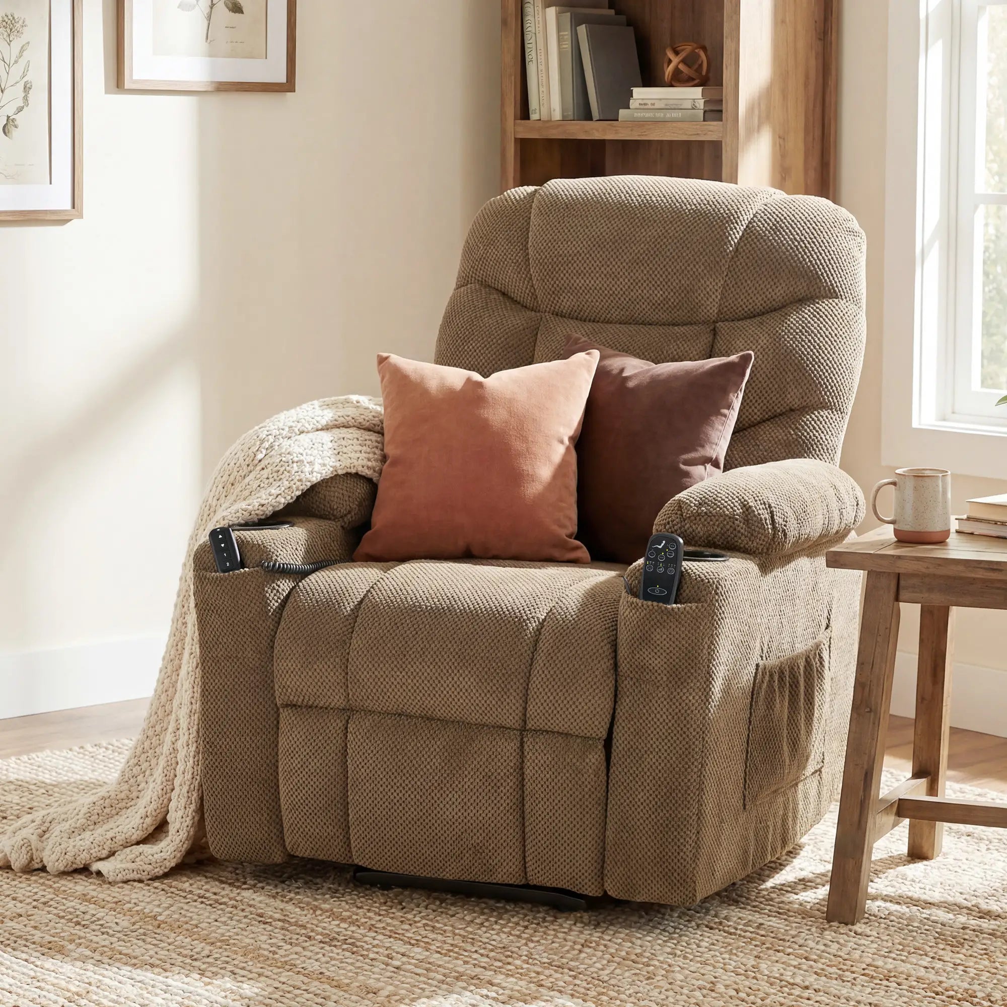Electric Lift Recliner Chair, Massage, Side Pockets, Cup Holders, Remote, Brown Electric Power Lift Chairs at Gallery Canada