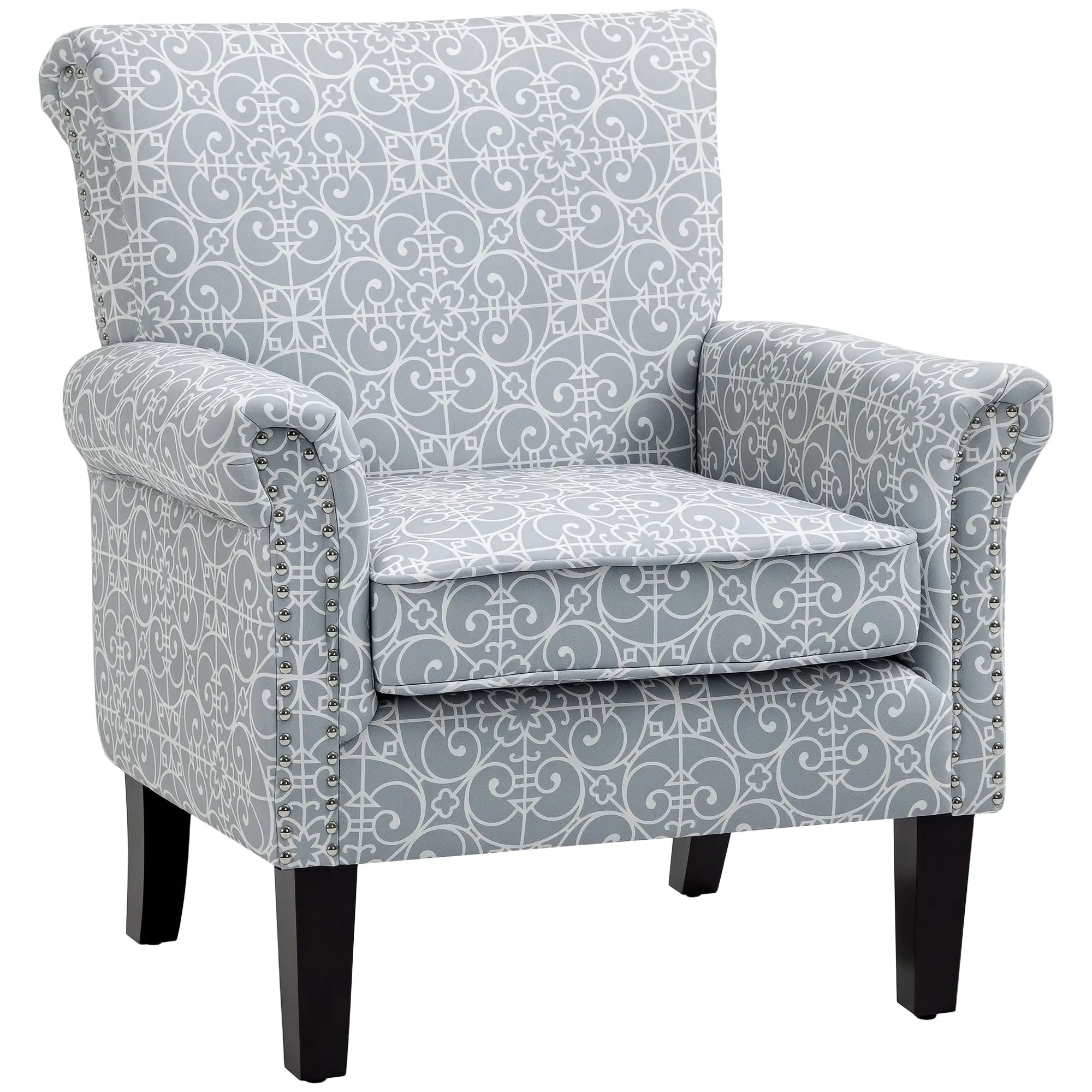 Upholstered Accent Chair, Soft Linen Fabric, Rolled Armrest, Grey Single Sofas Grey & White Fabric, Dark Brown Legs at Gallery Canada