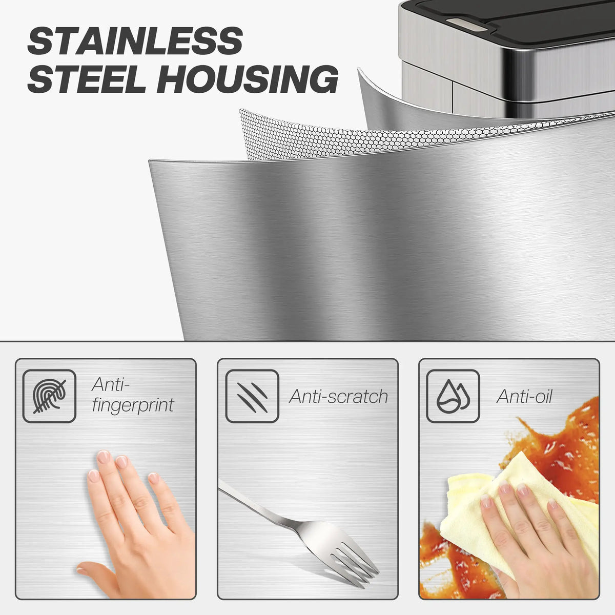 13.2 Gallon Sensor Can, Automatic Garbage Can, Soft Close Butterfly Lid, Fingerprint Proof Stainless Steel, Silver