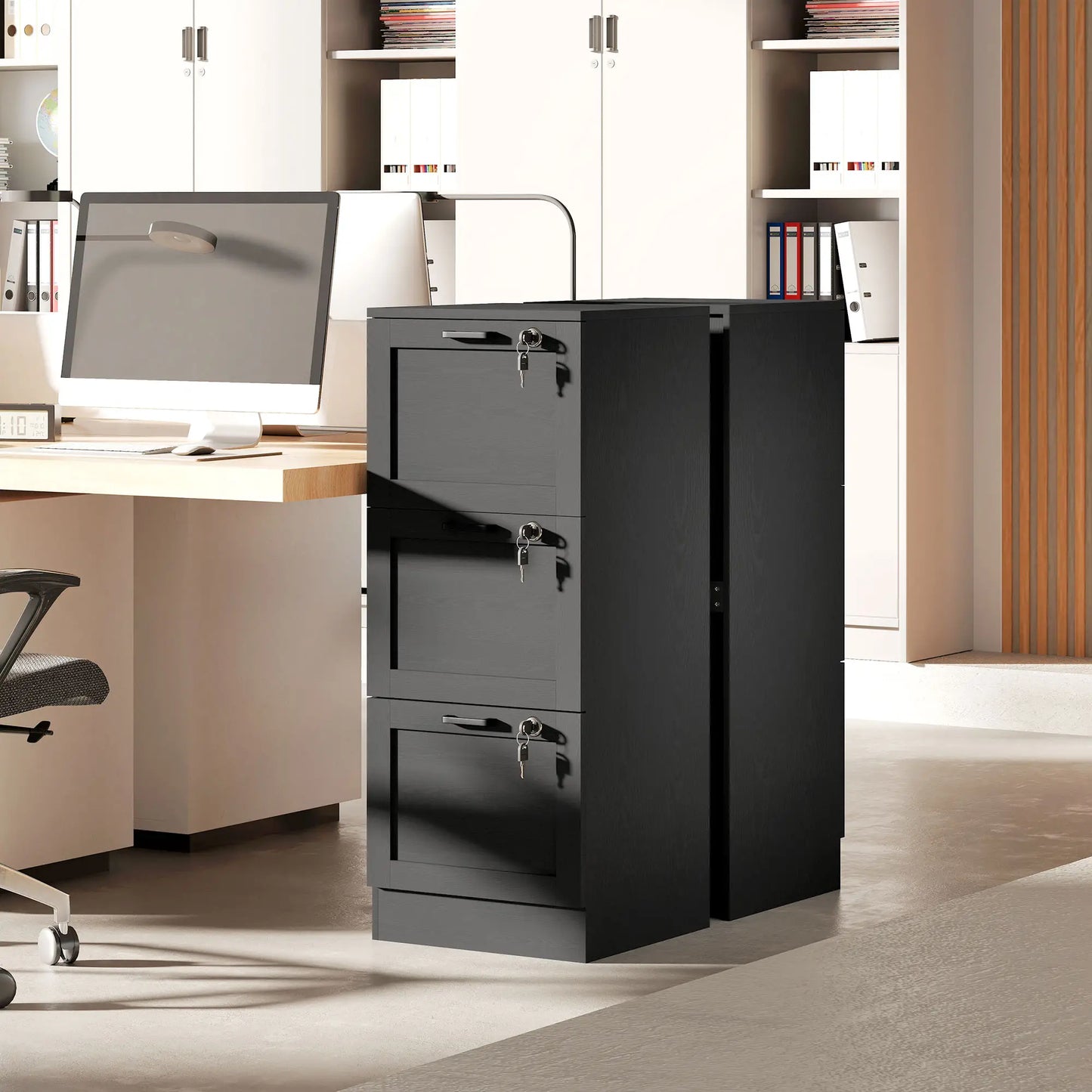 Vertical 3-Drawer Filing Cabinet, Lock, A4 Letter Size, Black Office Cabinets & Cupboards at Gallery Canada