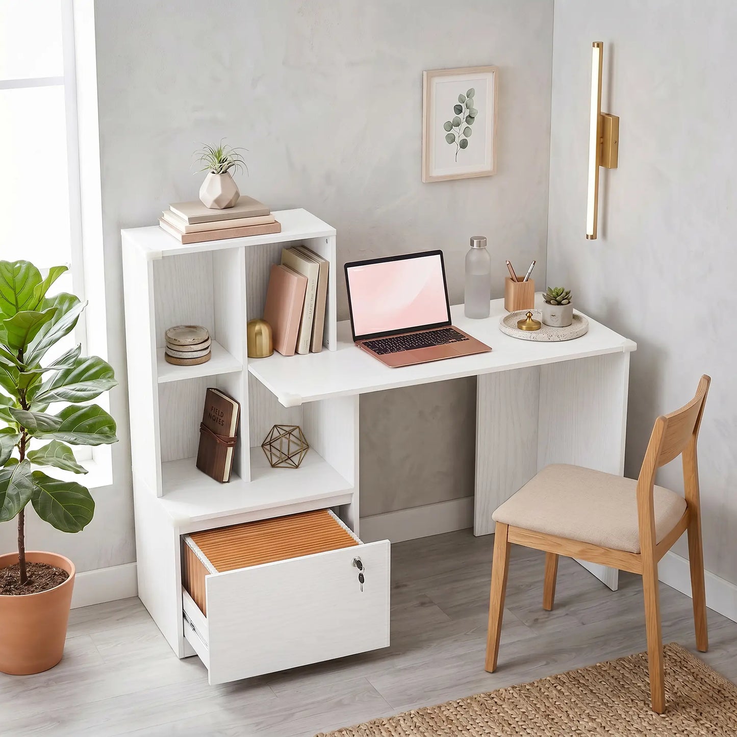 Bureau d'ordinateur avec bibliothèque et tiroir classeur, grain de bois blanc, blanc