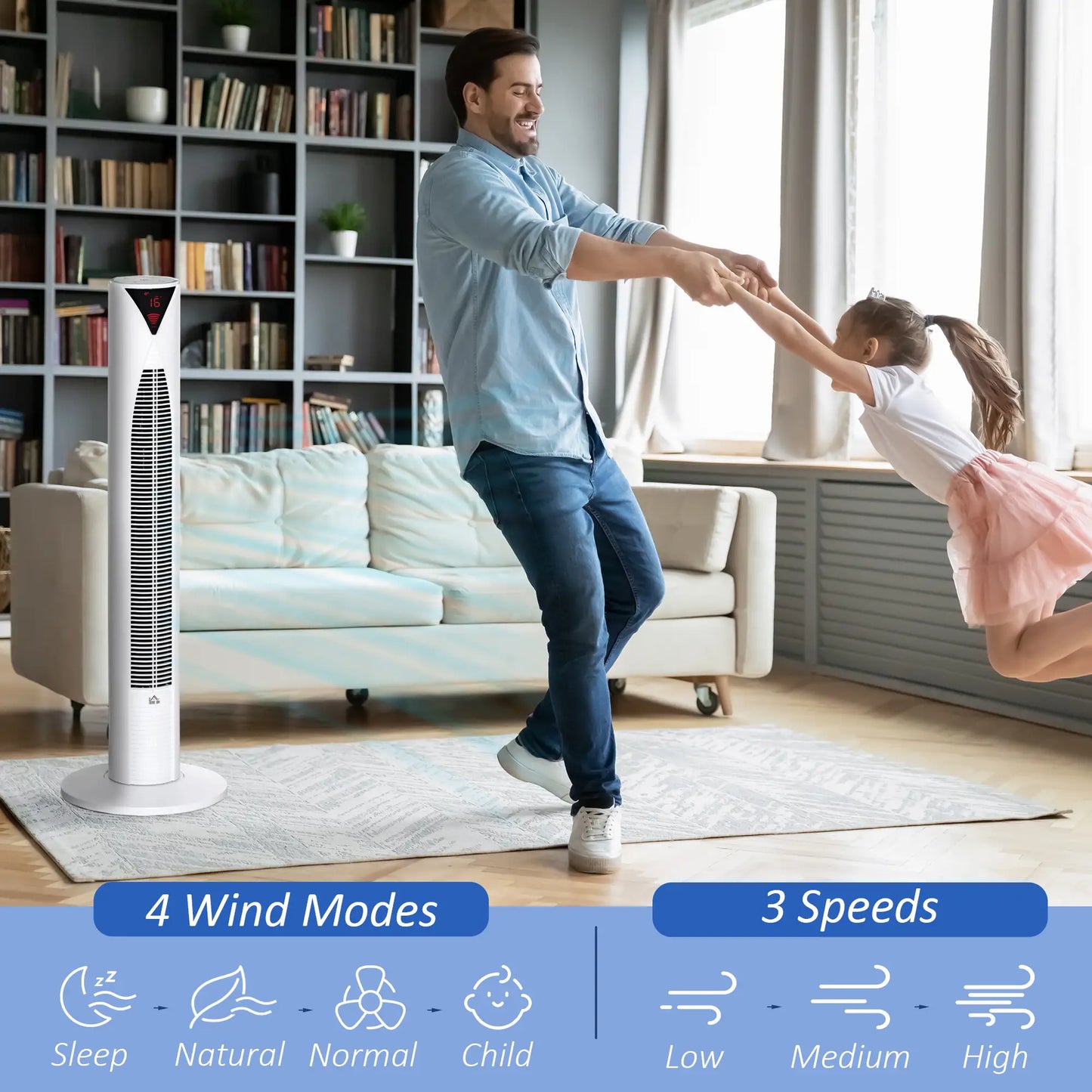 Freestanding Tower Fan, 3 Speed, 12h Timer, Oscillating, LED Panel, Remote, White Tower Fans at Gallery Canada