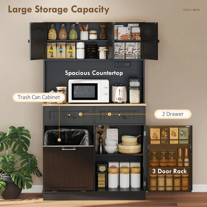 68 Inch Pantry Cabinet with Charging Station, Microwave Stand, Trash Can, Black Kitchen Pantry Cabinets at Gallery Canada