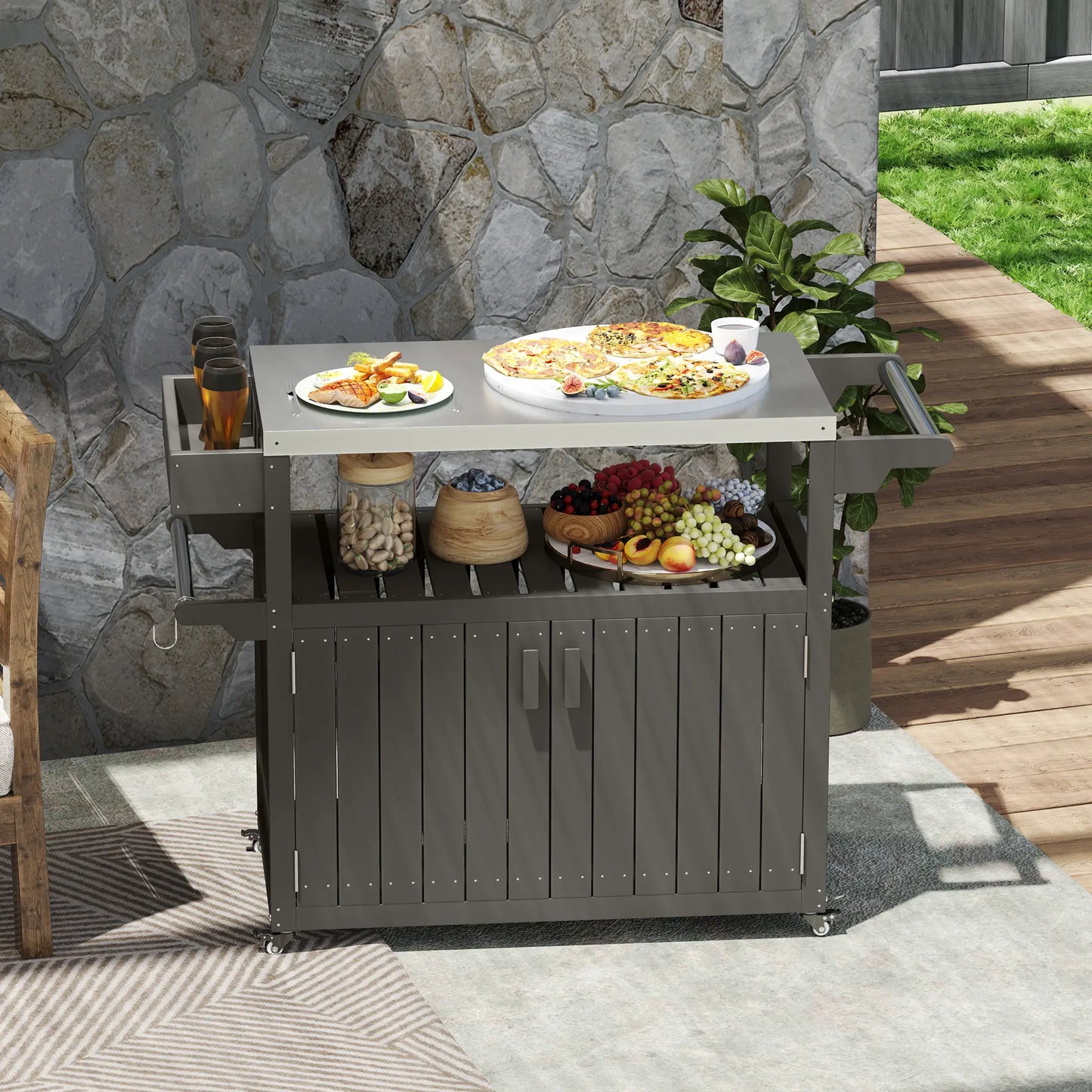 Outdoor Bar Cart With Storage Cabinet, Stainless Steel Table Top, Wheeled HDPE Kitchen Island Outdoor Grill Carts at Gallery Canada