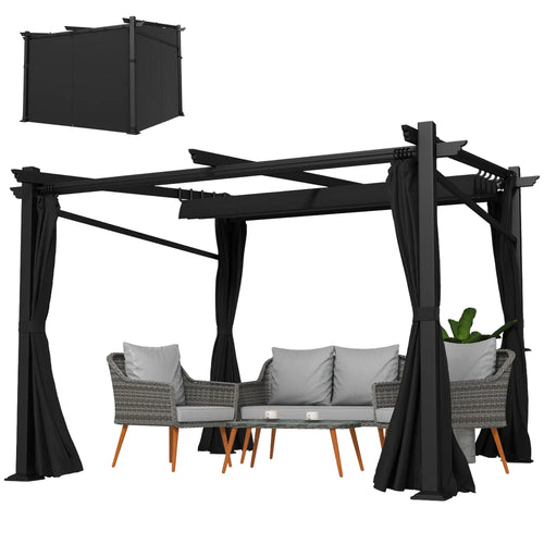 Metal Pergola With Sliding Roof Canopy, 10' x 10', Black
