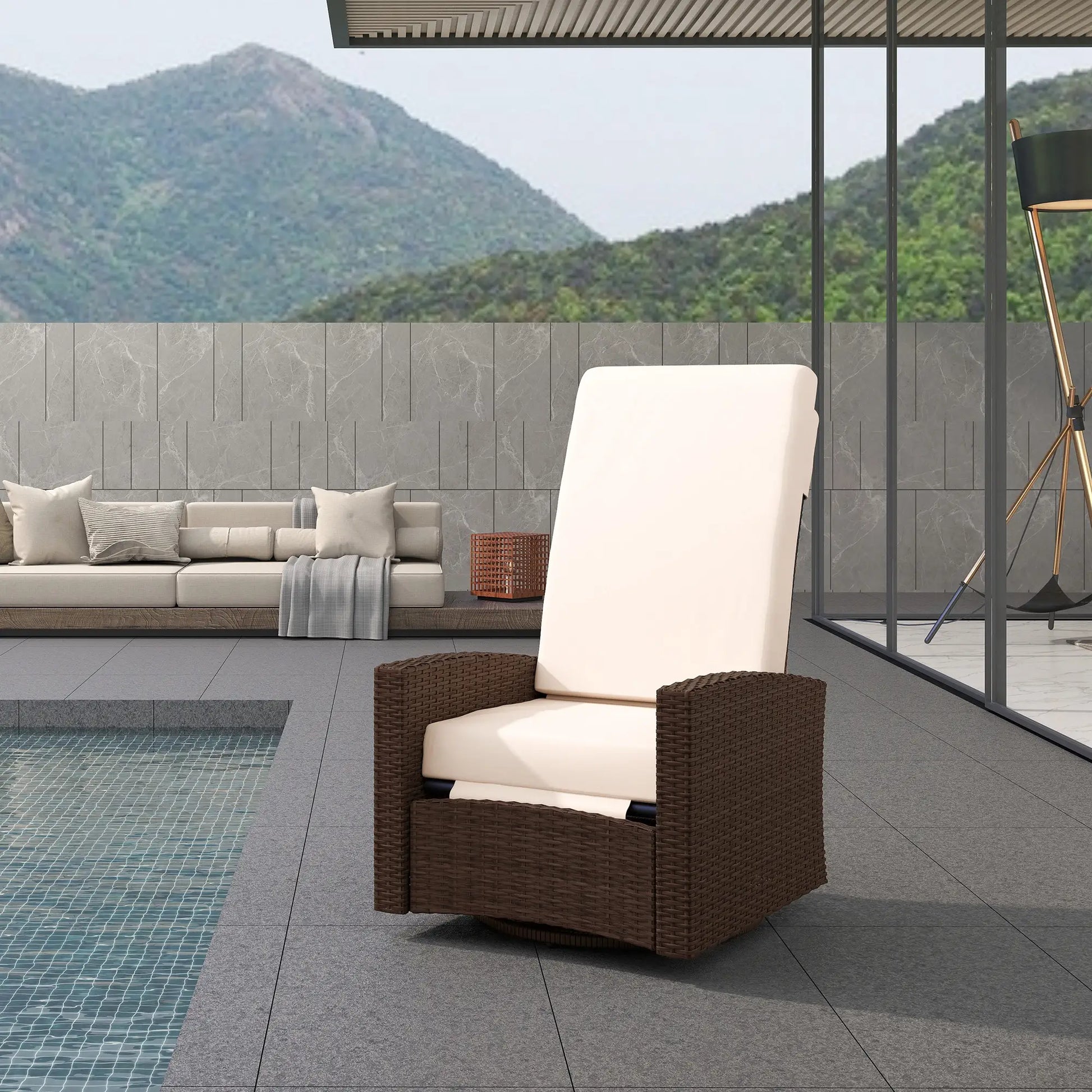Outdoor Rattan Lounge Chair with Footrest, Soft Cushion, Cream White Patio Chairs at Gallery Canada