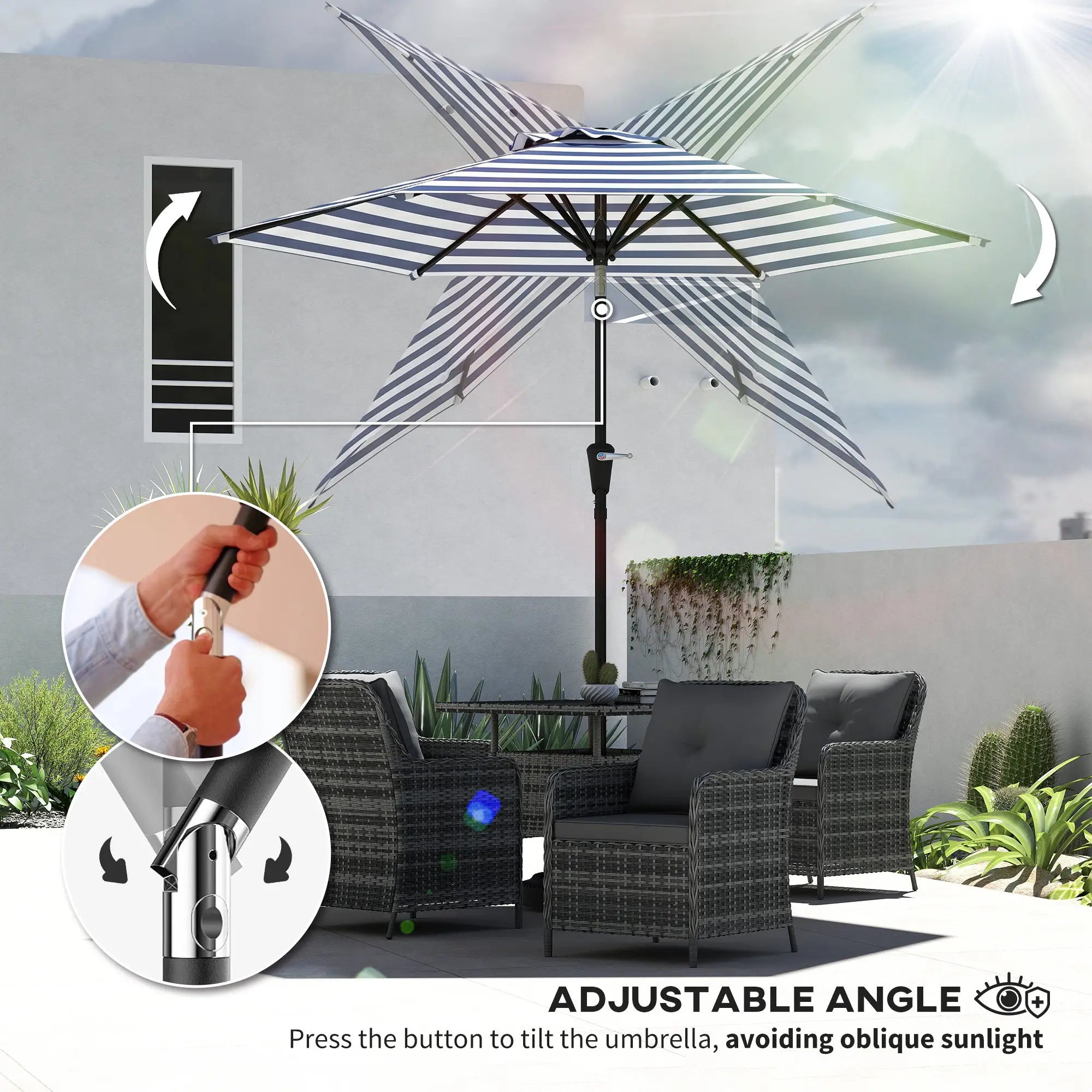 Outdoor Patio Sun Umbrella, 6 Ribs, Stripes, Blue Patio Umbrellas at Gallery Canada
