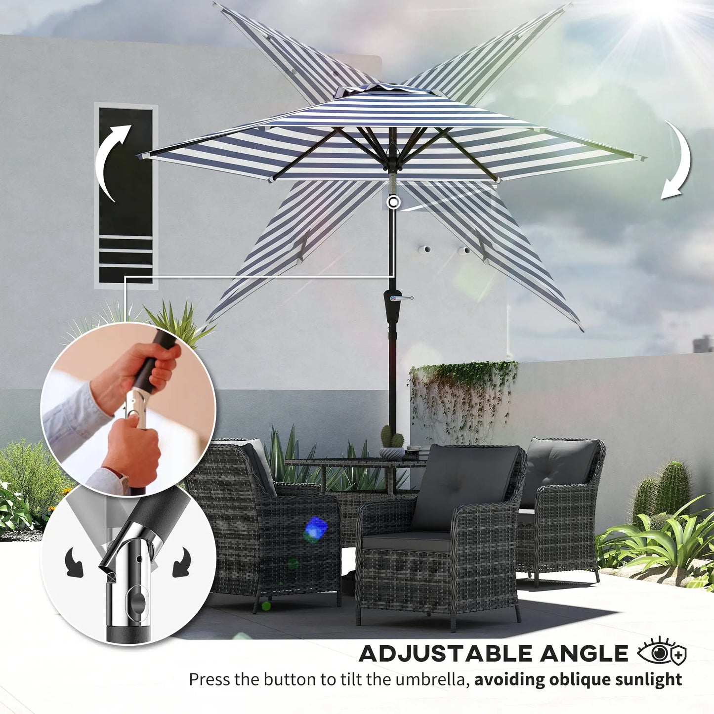 Outdoor Patio Sun Umbrella, 6 Ribs, Stripes, Blue Patio Umbrellas at Gallery Canada