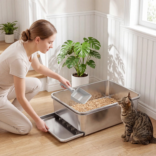 Stainless Steel Litter Box, XL Sifting Cat Litter Box for Medium and Large Cat, Non-Sticky, Odour Free, Easy Clean Cat Litter Box Enclosures Silver at Gallery Canada