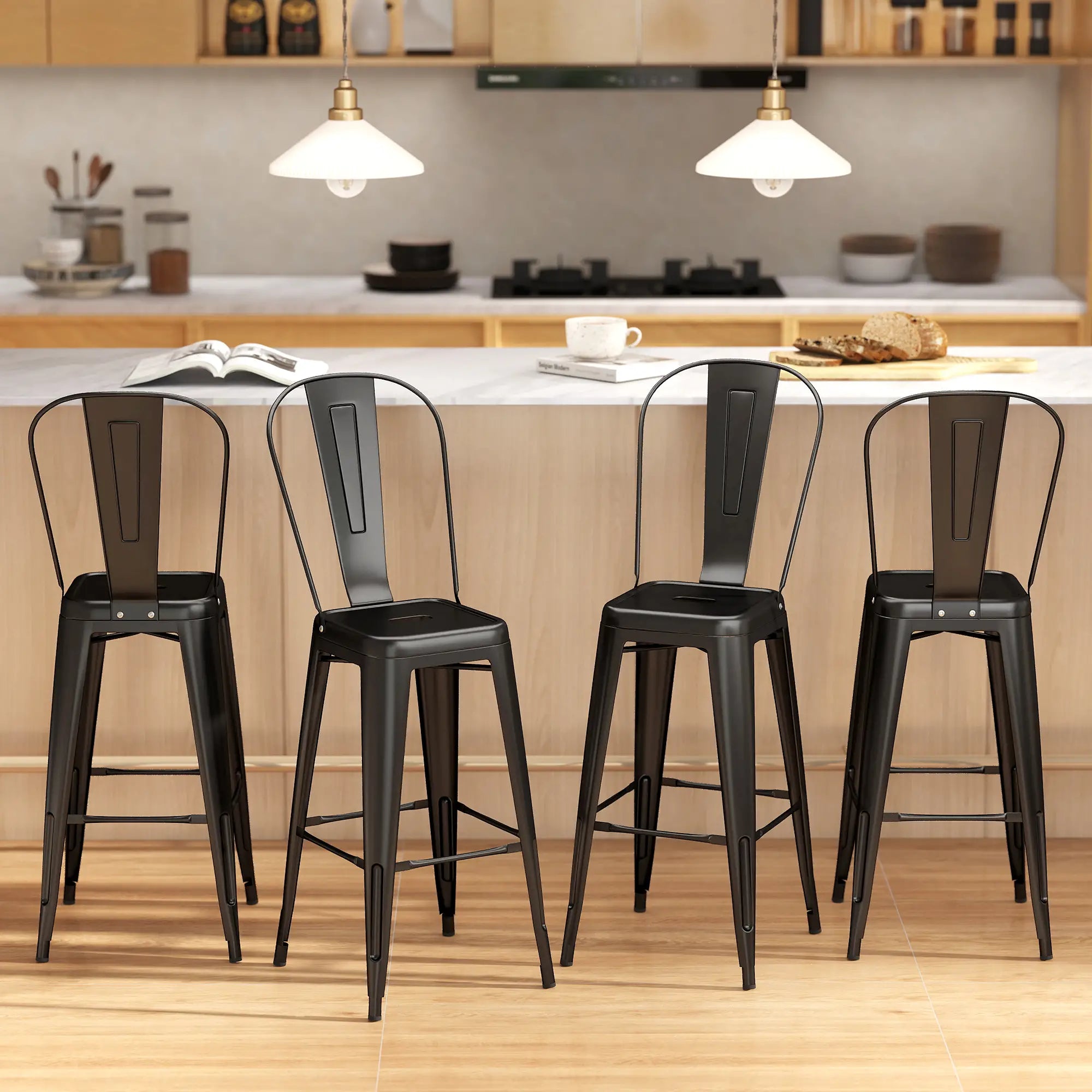 24 Inch Bar Stools, Set of 4, Industrial Kitchen, Black Metal Frame, Black Bar Stools at Gallery Canada