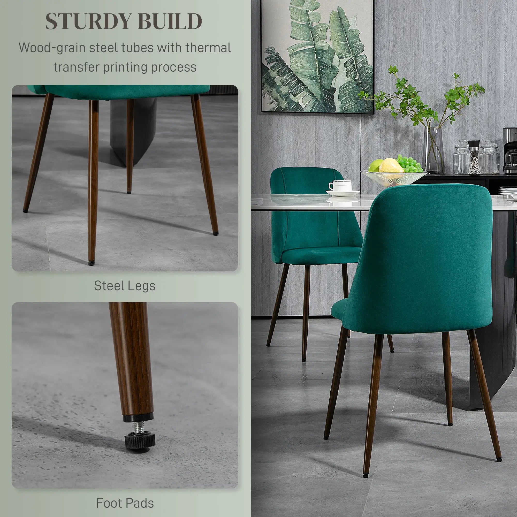 Upholstered Dining Chairs Set of 4, Velvet, Wood-Grain Steel Leg, Green Bar Stools at Gallery Canada