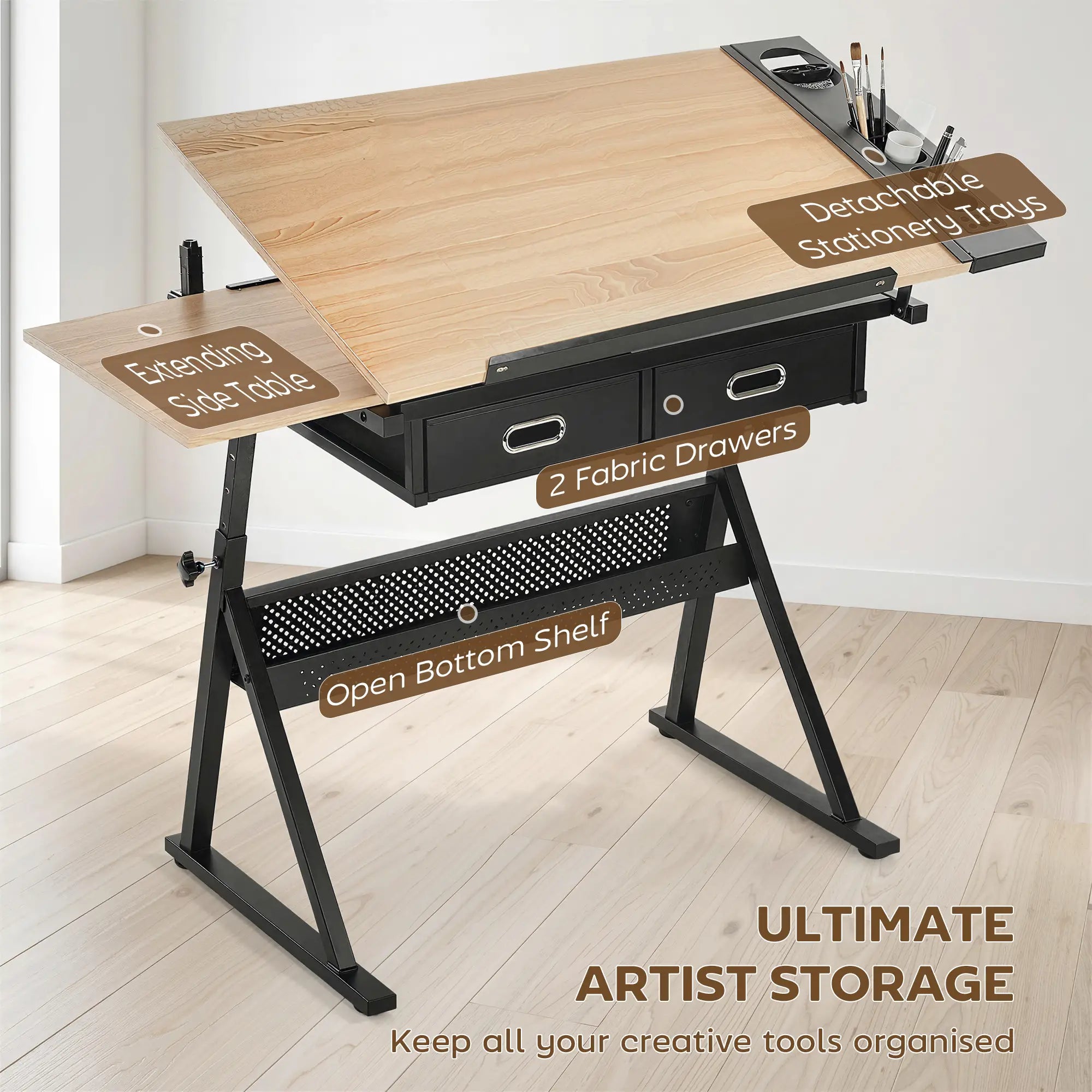 Adjustable Drafting Table, Art Desk With Stool And Storage Drawers, Oak Writing Desks at Gallery Canada