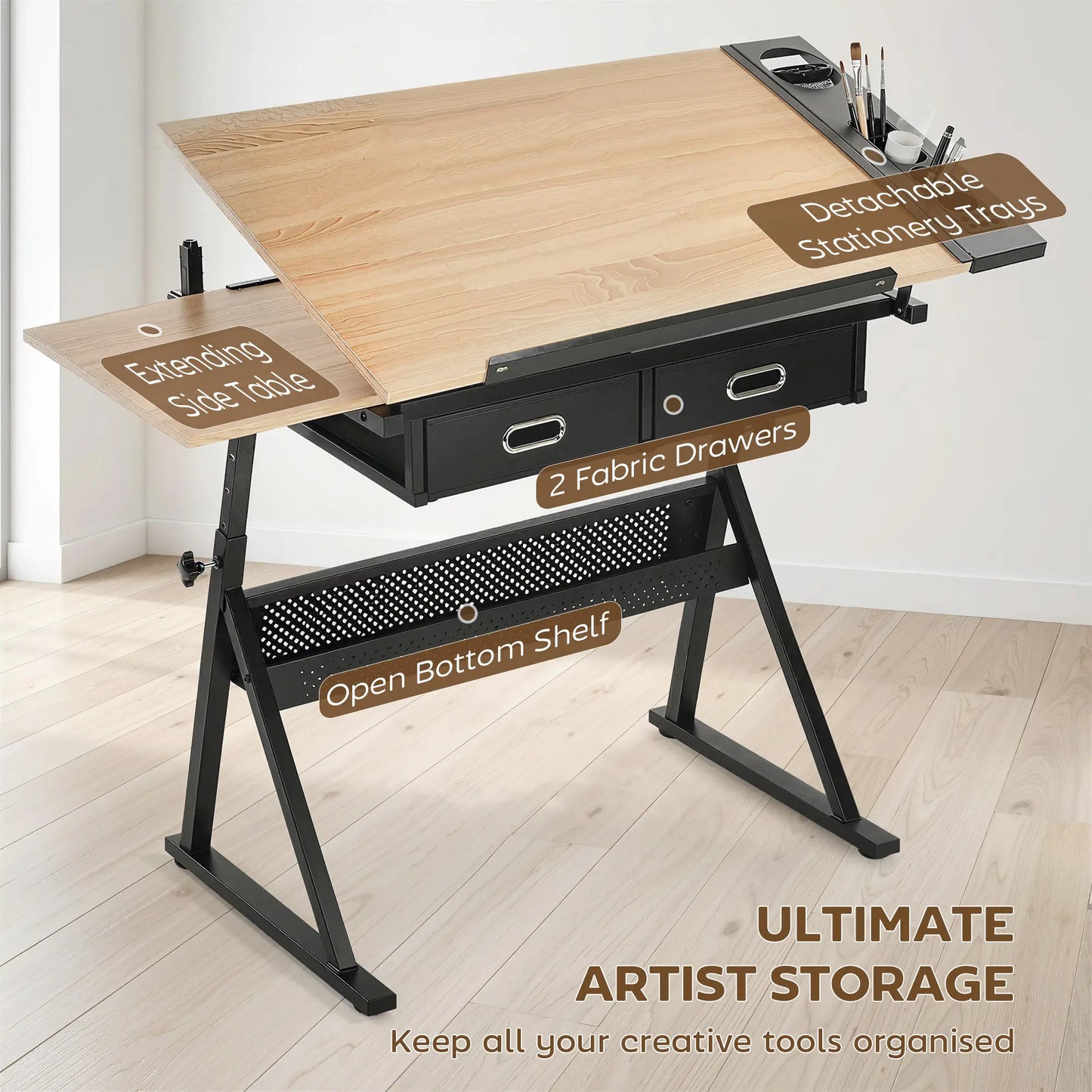 Adjustable Drafting Table, Art Desk With Stool And Storage Drawers, Oak Writing Desks at Gallery Canada