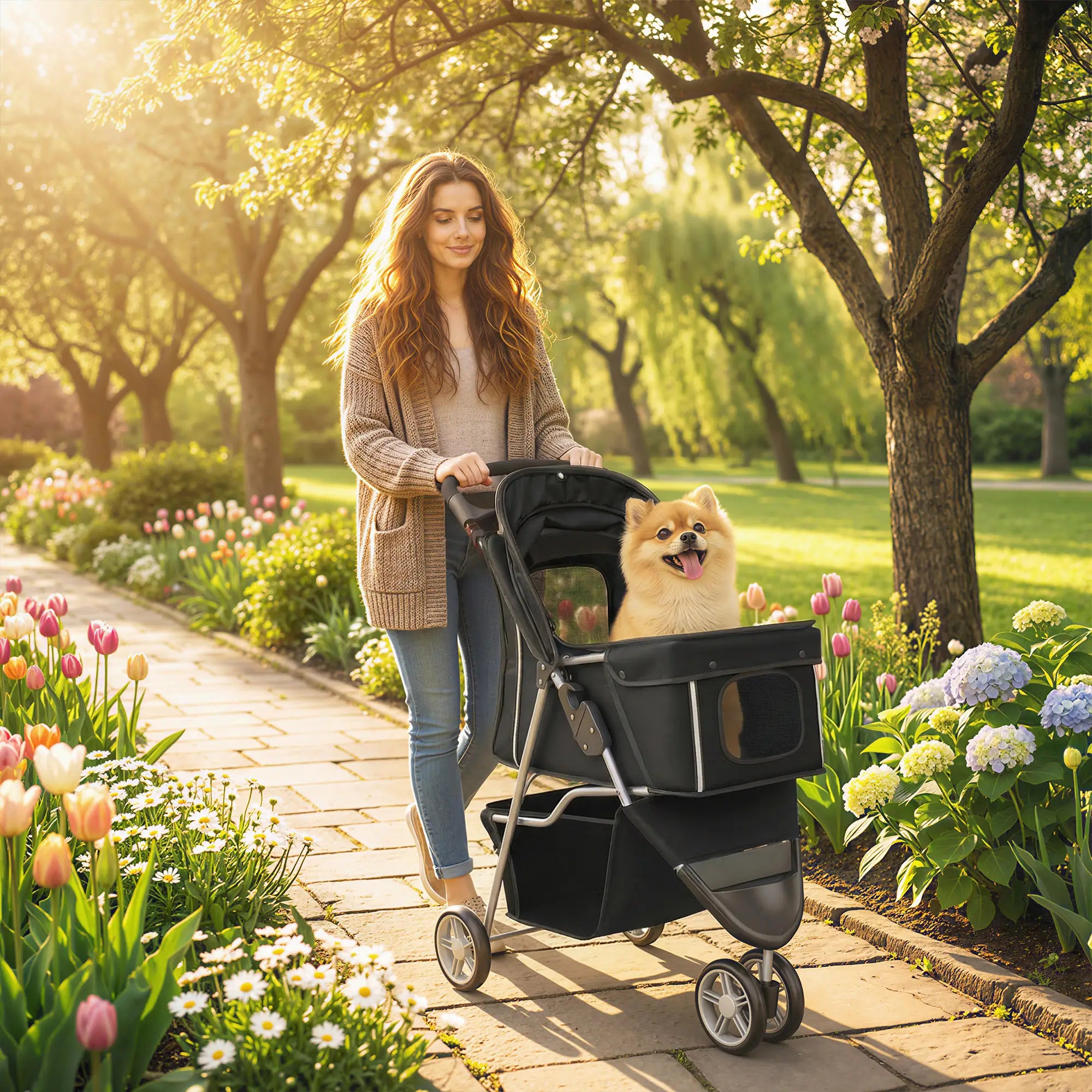 3 Wheel Foldable Dog Stroller, Storage Basket, Adjustable Canopy, Black Dog Bike Trailers & Strollers at Gallery Canada