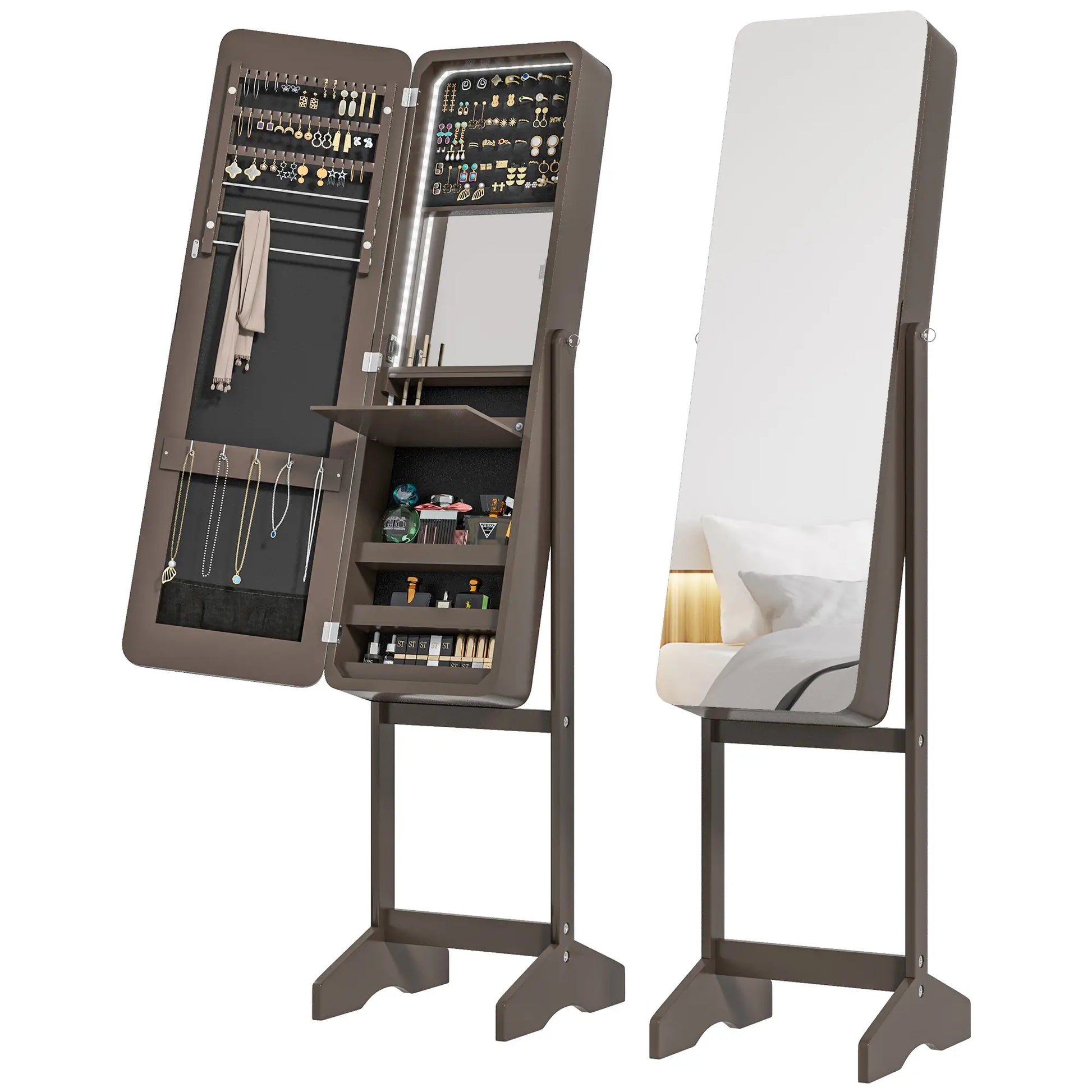 Standing Jewelry Cabinet with LED, Adjustable Mirror, Brown Jewelry Armoire & Jewellery Mirror Cabinets at Gallery Canada