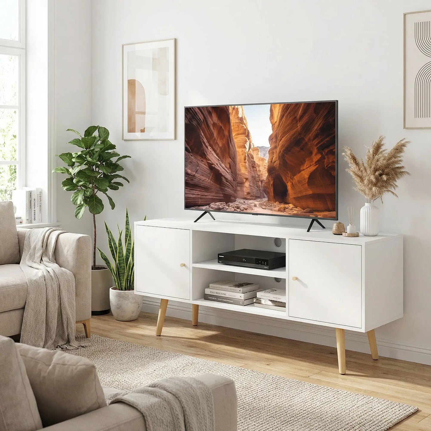 TV Stand for 55 Inches, Storage Shelves, Wood Legs, White TV Stands at Gallery Canada