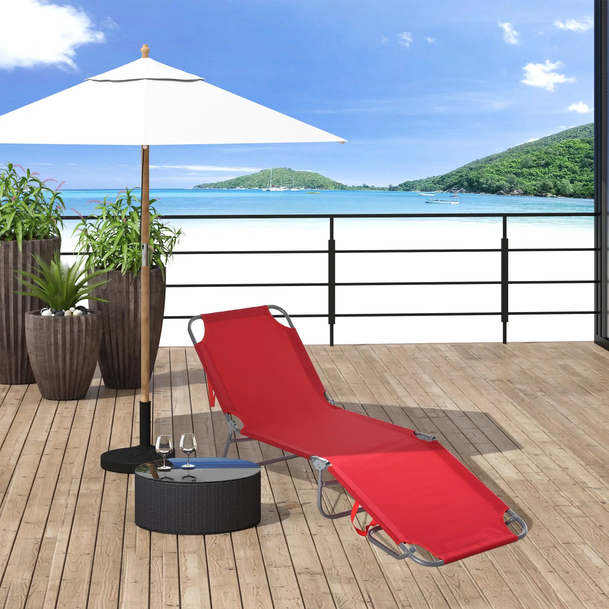 Folding Outdoor Lounge Chair, Portable Reclining Beach Lounger, Breathable Mesh, Red Lounger Chairs at Gallery Canada