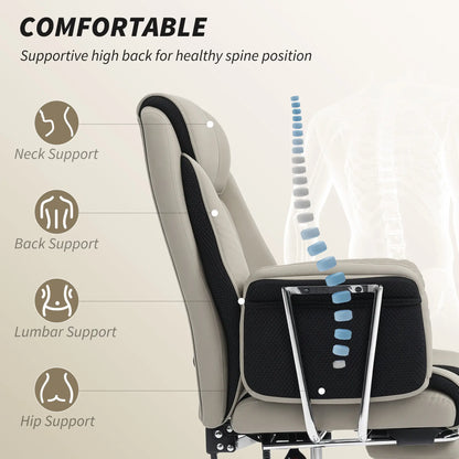 Reclining Office Chair, High Back Executive Desk Chair, PU Leather, Footrest, Swivel Wheels, Grey Executive & Manager Chairs at Gallery Canada