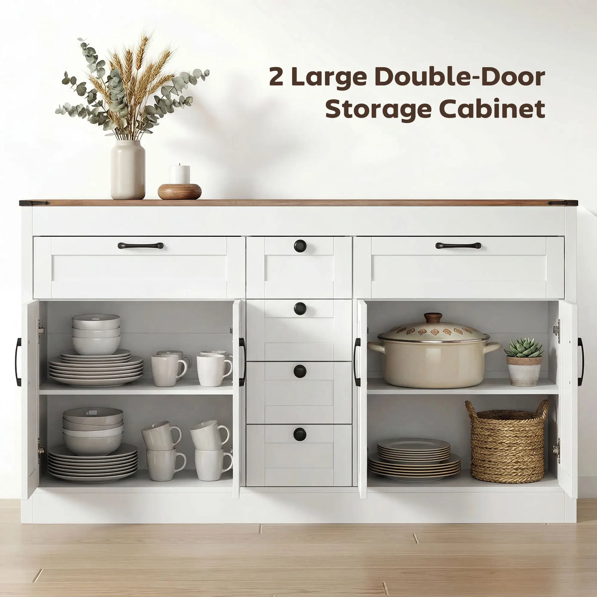 55" Sideboard Buffet Cabinet, Farmhouse Kitchen With Barn Doors, White Bar Cabinets at Gallery Canada