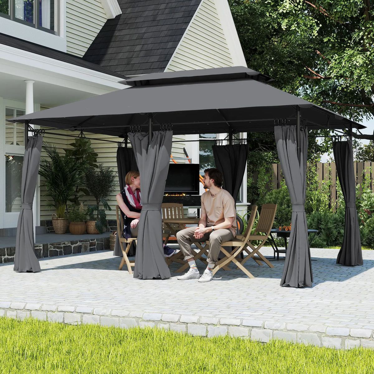 10' x 13' Double Roof Patio Gazebo, Outdoor Gazebo with Curtains, Grey