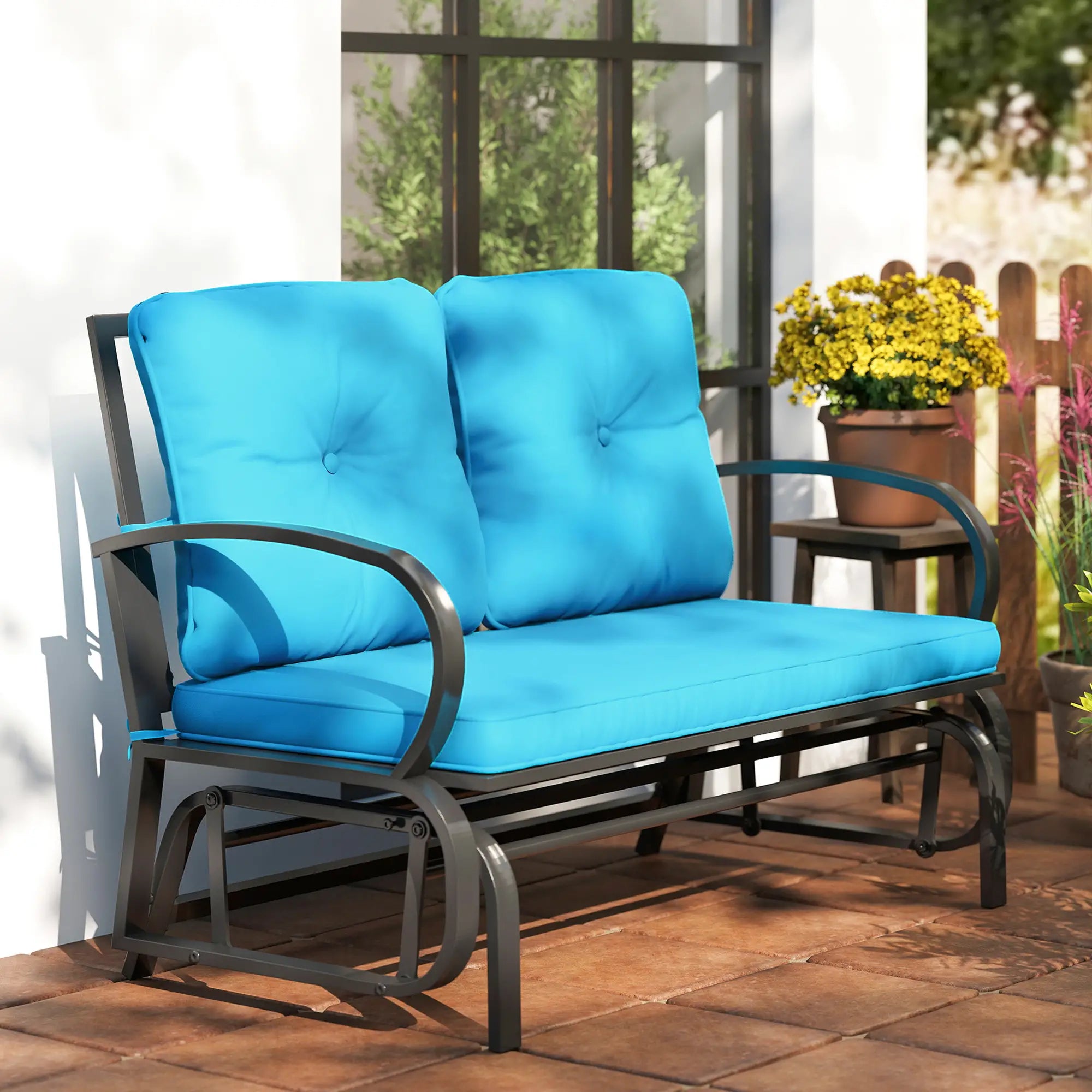 2-Person Outdoor Glider Chair, Steel Frame, Cushions, Blue Outdoor Gliders at Gallery Canada