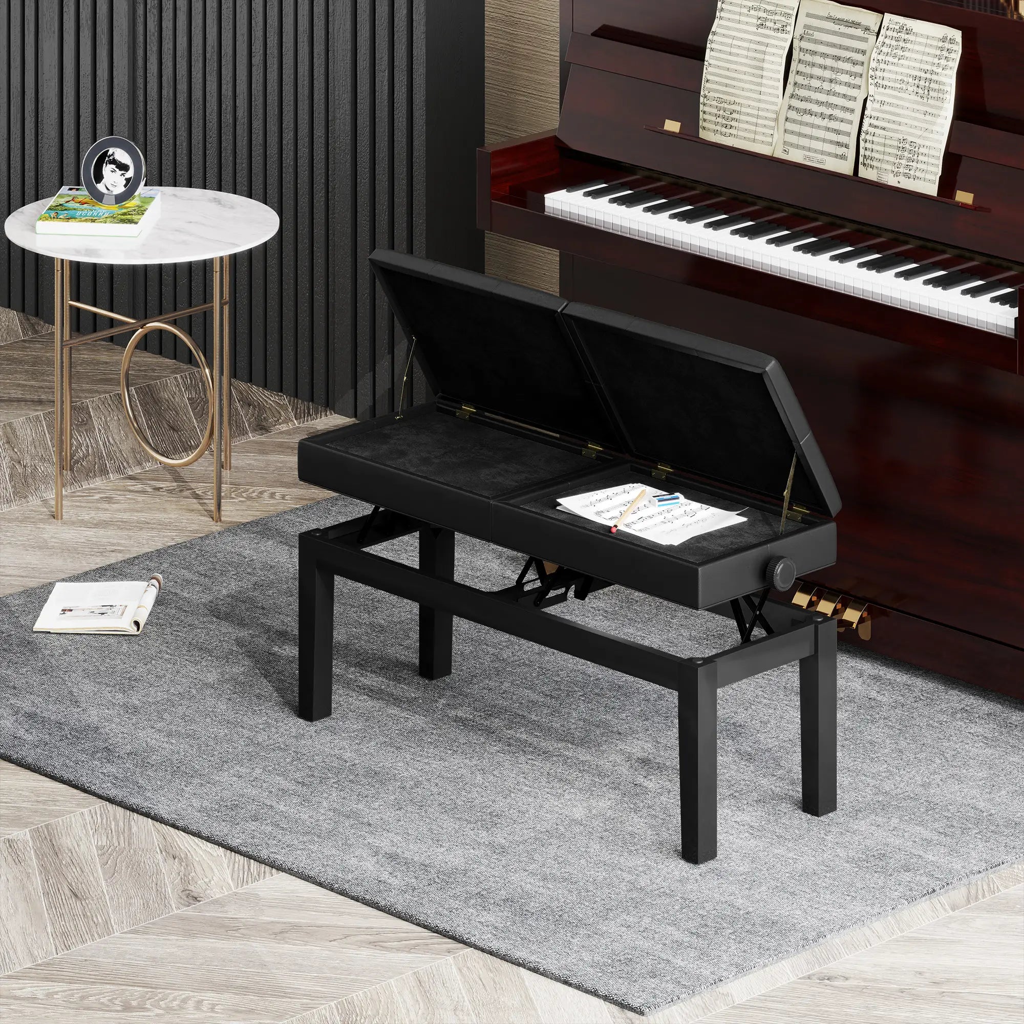 Height Adjustable Piano Bench with Storage, PU Leather Tufted, Black Piano Benches at Gallery Canada
