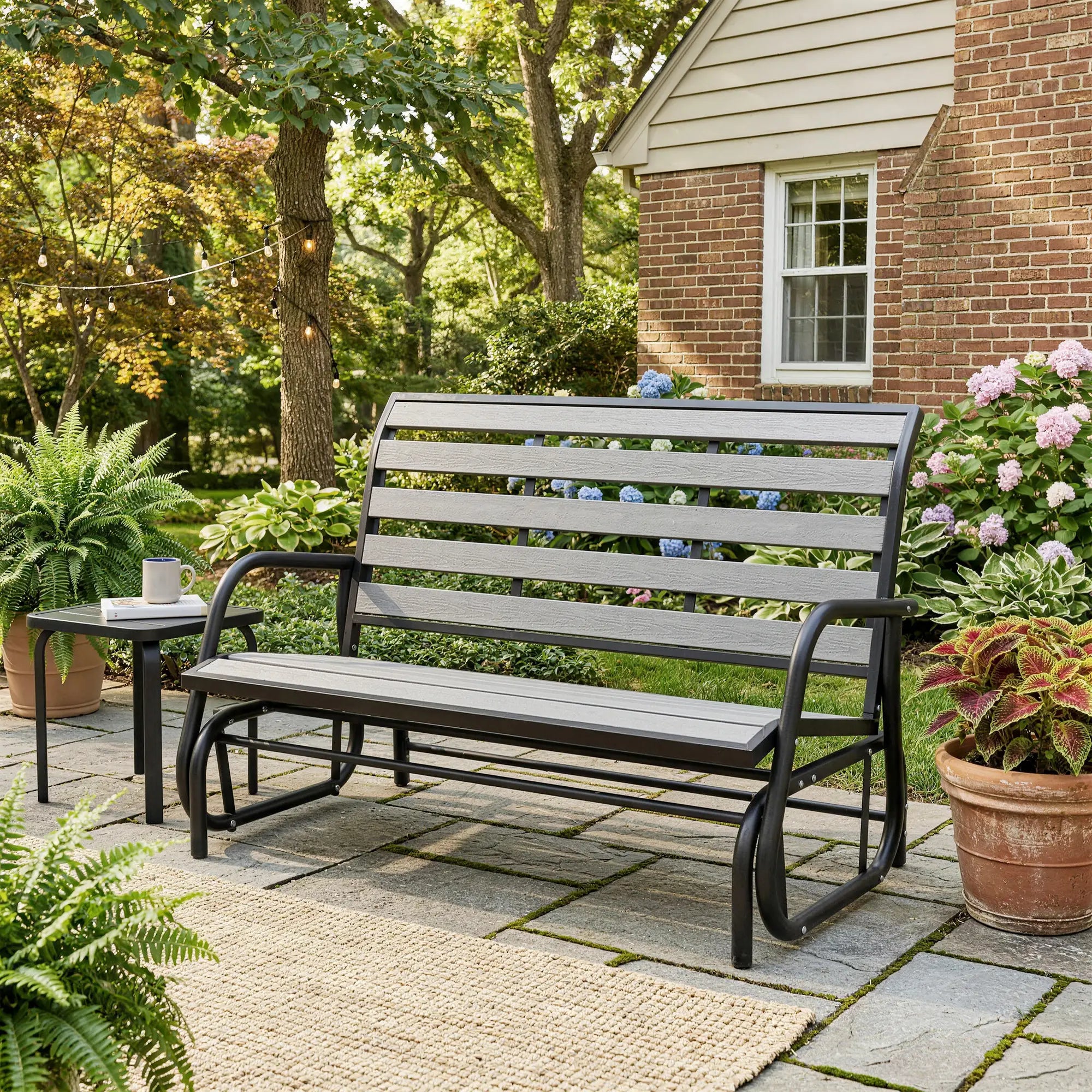 2 Person Outdoor Glider Bench, Steel Frame, Faux Wood Slats, Grey Outdoor Gliders at Gallery Canada
