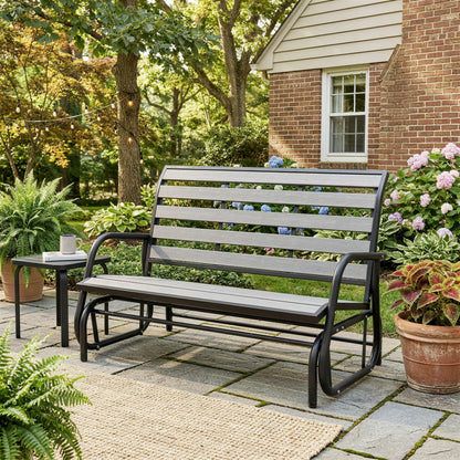 2 Person Outdoor Glider Bench, Steel Frame, Faux Wood Slats, Grey Outdoor Gliders at Gallery Canada