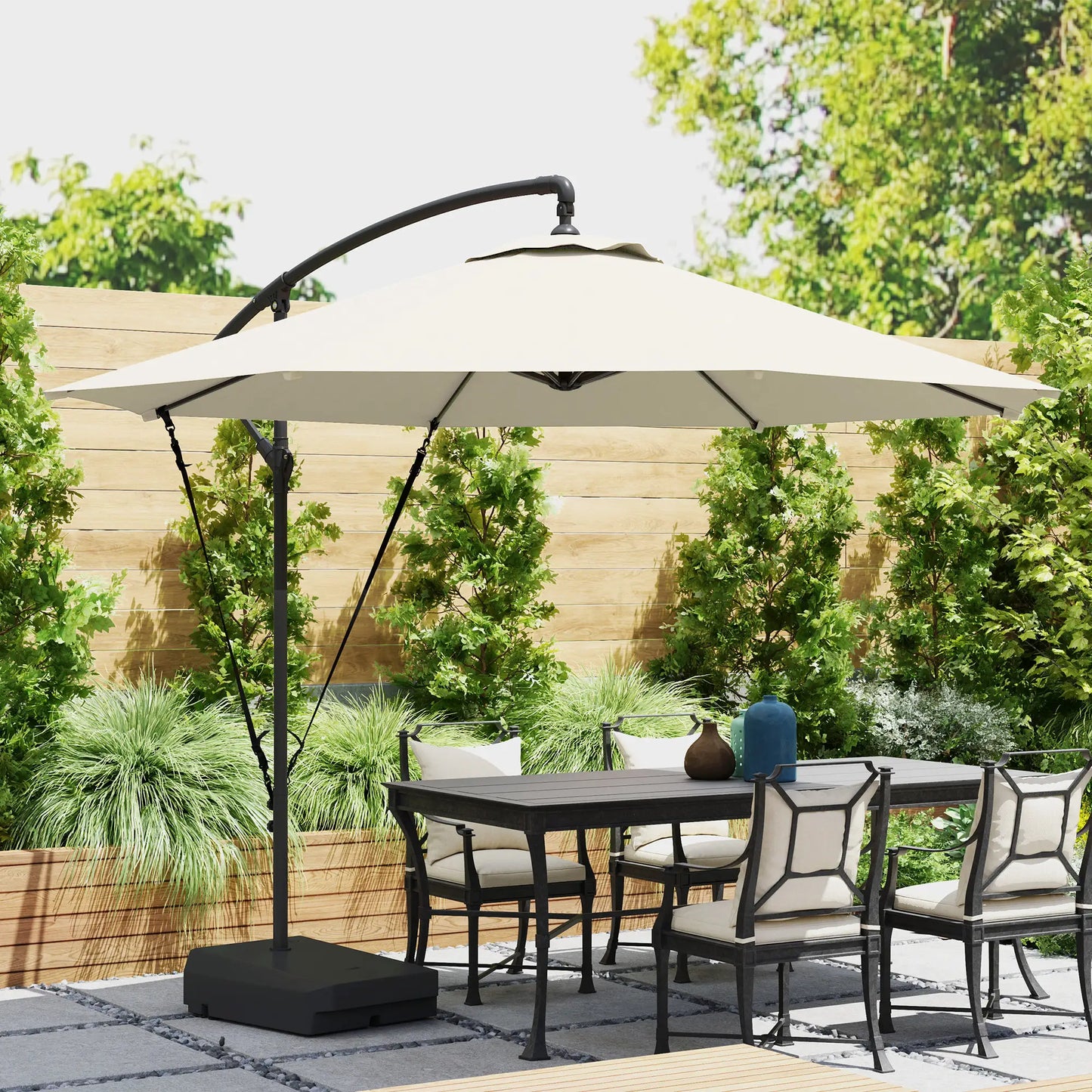 10FT Cantilever Umbrella With Fillable Base, Wind Strap, Cover, Cream White Offset Cantilever Umbrellas at Gallery Canada