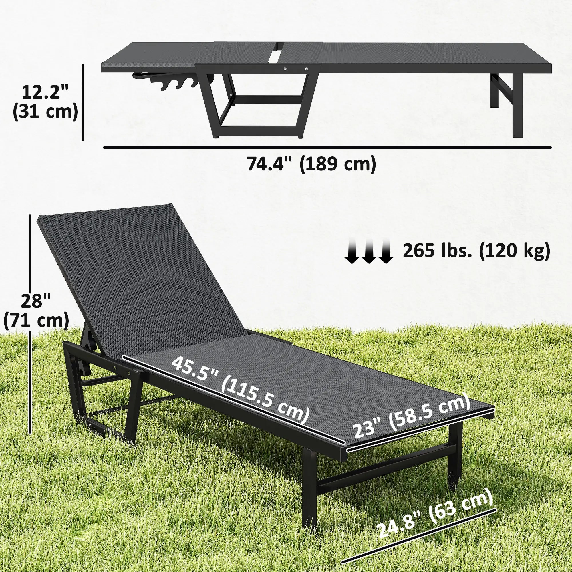 63 cm Wide Outdoor Lounge Chair, 4-Position Tanning Lounger, Dark Grey Lounger Chairs at Gallery Canada