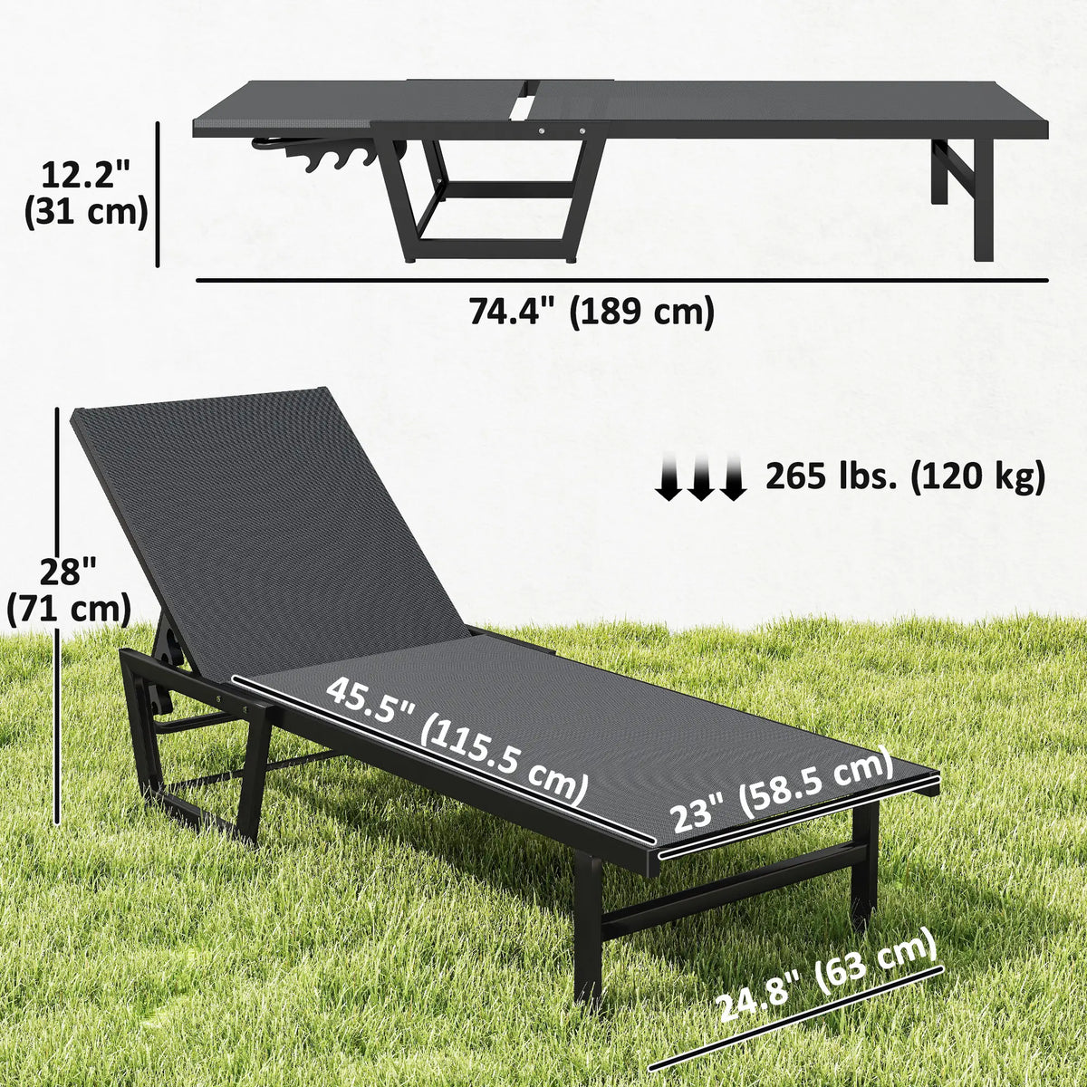 63 cm Wide Outdoor Lounge Chair, 4-Position Tanning Lounger, Dark Grey Lounger Chairs at Gallery Canada