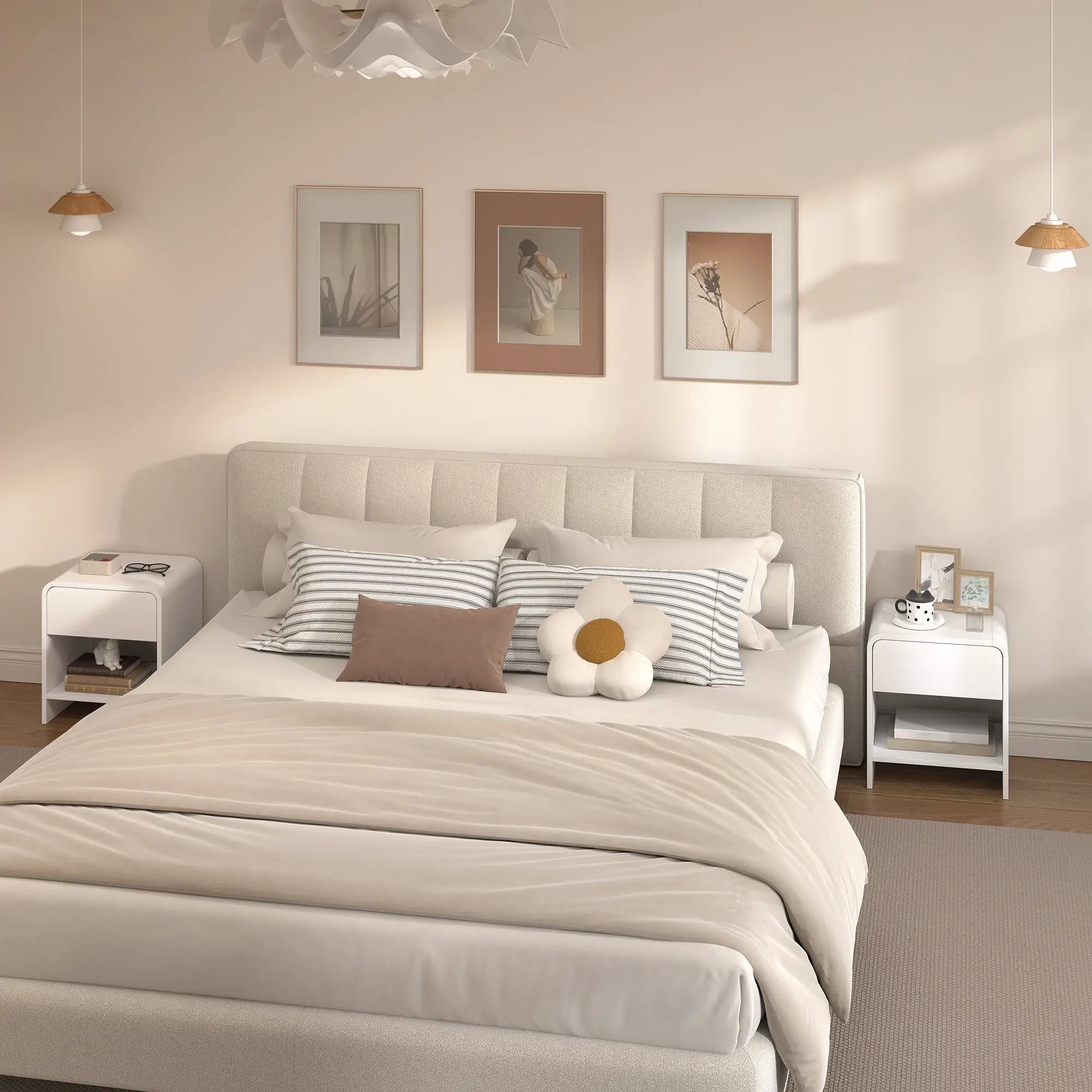Modern Nightstand Set of 2, Distressed White, With Drawer and Shelf, White Bedside Tables at Gallery Canada