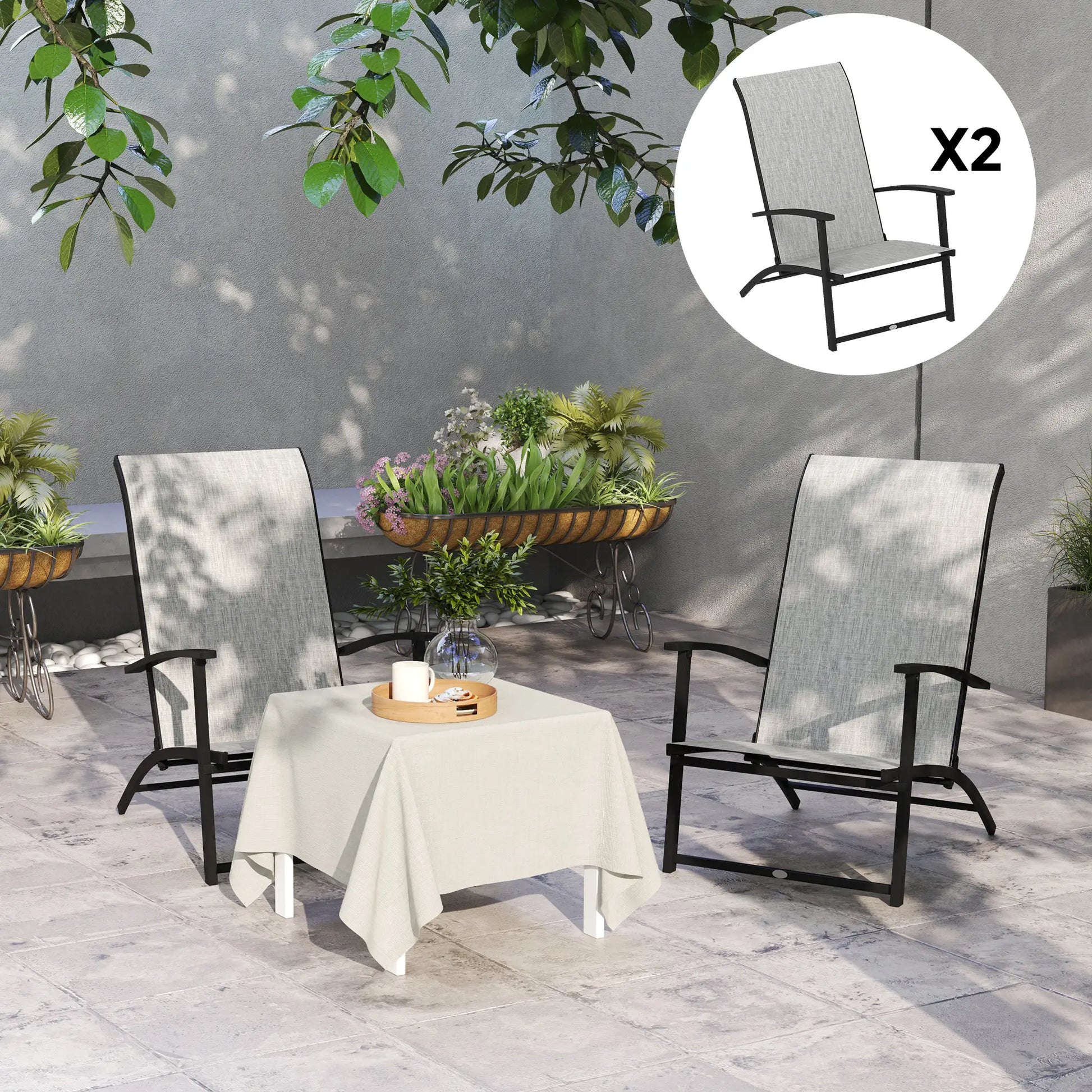 Set of 2 Folding Lawn Chairs, Outdoor with Armrests, High Backrest, Grey Patio Chairs at Gallery Canada