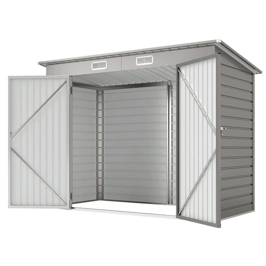 8 x 4FT Galvanized Garden Storage Shed, Metal Outdoor Shed, Light Grey