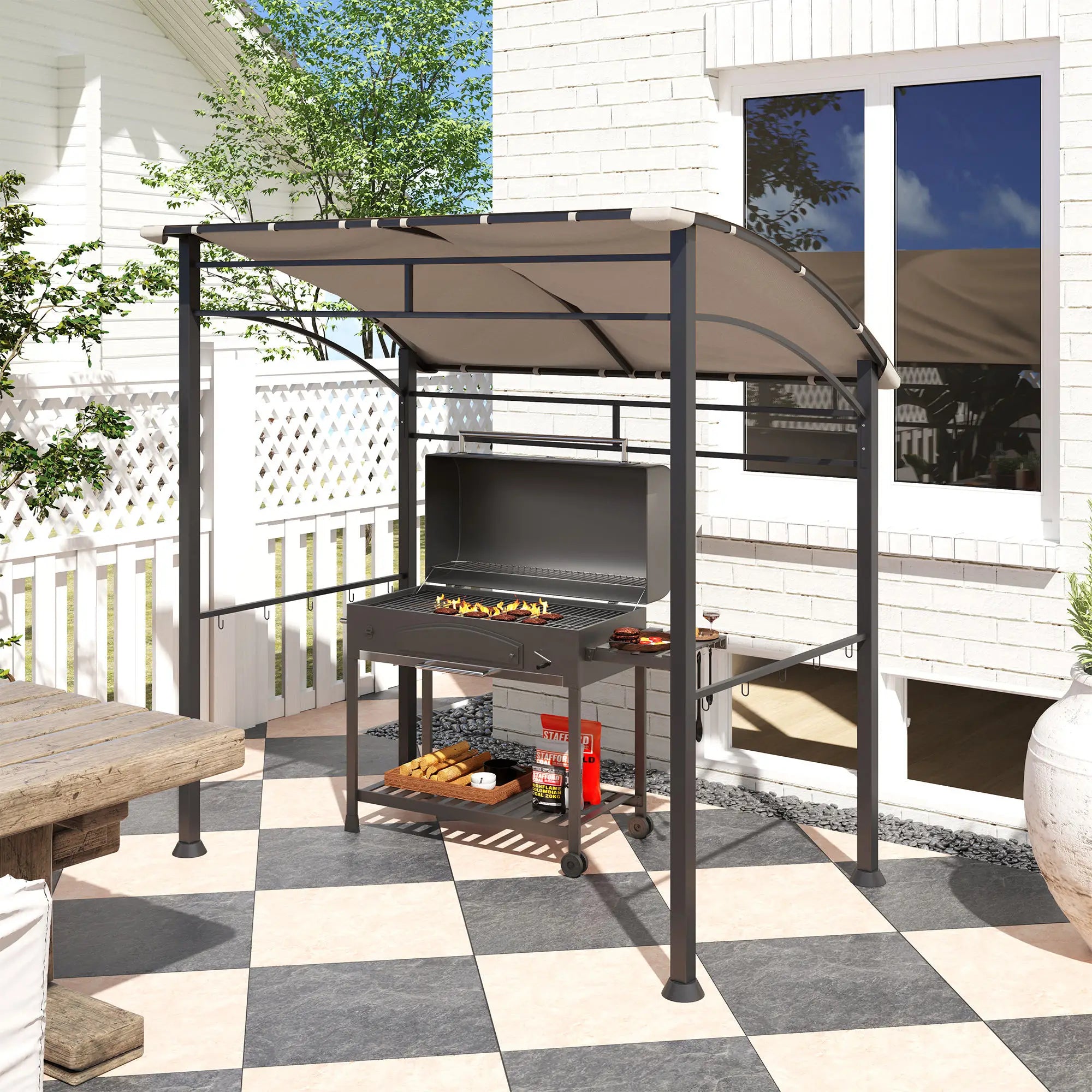 7' x 5' BBQ Grill Gazebo Tent, Steel Frame, Hooks, Khaki BBQ Grill Gazebos at Gallery Canada