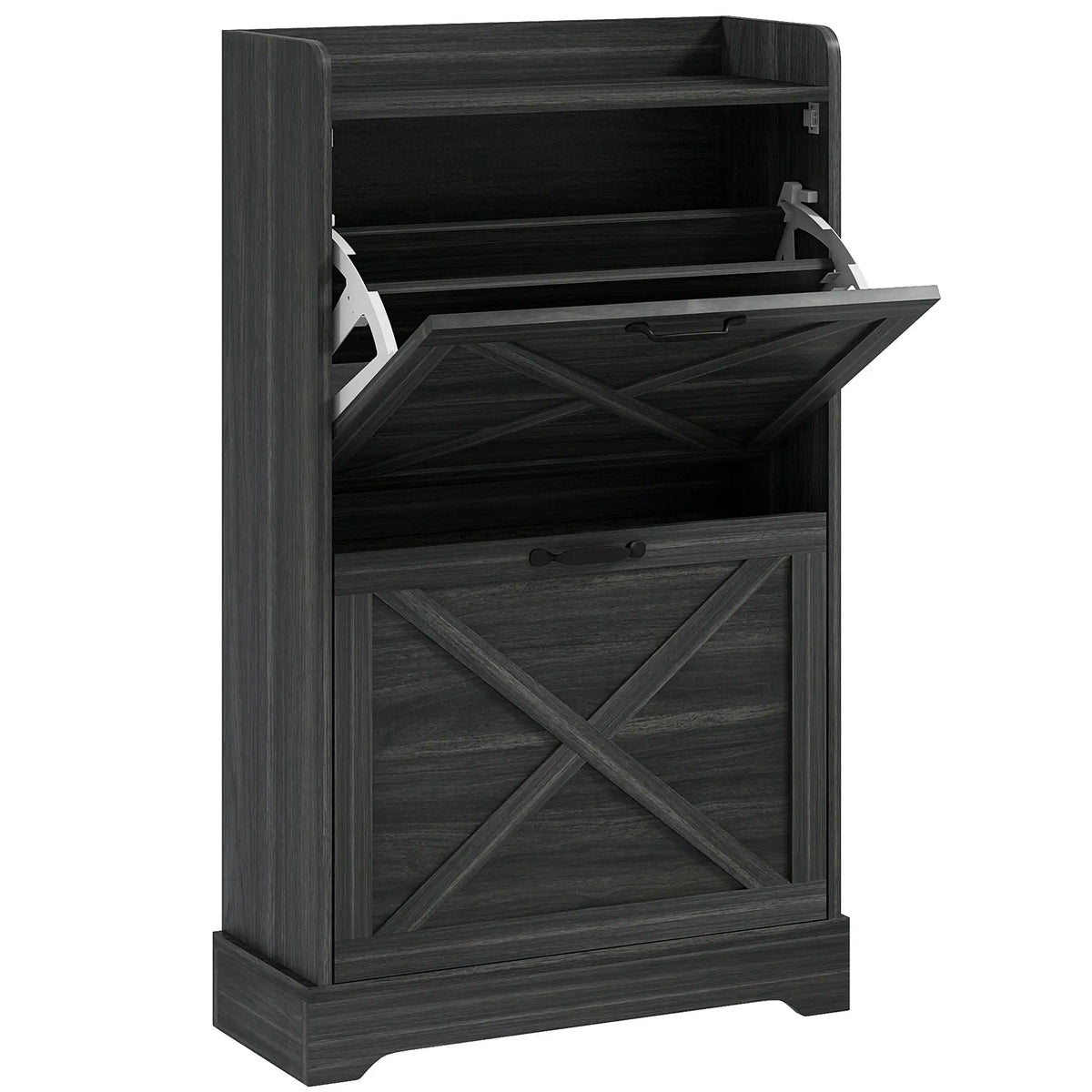 Slim Shoe Storage Cabinet, 2 Flip Drawers, Adjustable Shelves, Distressed, Grey