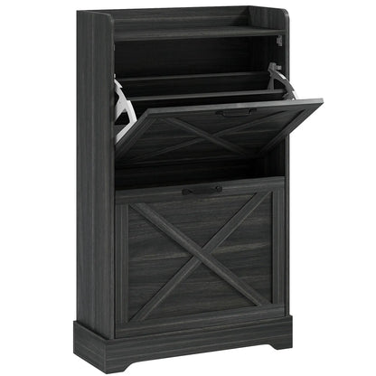 Slim Shoe Storage Cabinet, 2 Flip Drawers, Adjustable Shelves, Distressed, Grey