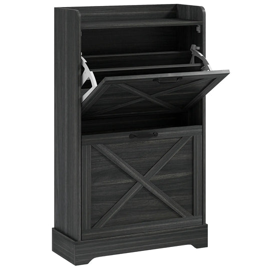 Slim Shoe Storage Cabinet, 2 Flip Drawers, Adjustable Shelves, Distressed, Grey Shoe Storage Cabinets & Racks Distressed Grey at Gallery Canada
