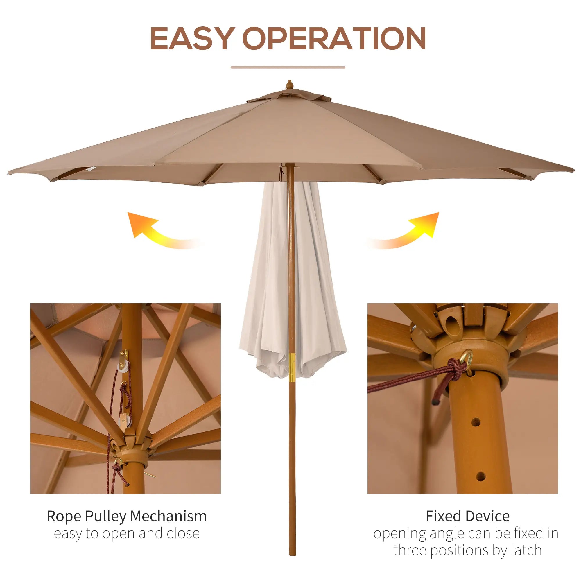 10' x 8' Khaki Wooden Patio Umbrella, Garden Parasol, Outdoor Sunshade, Khaki Sun Umbrellas at Gallery Canada