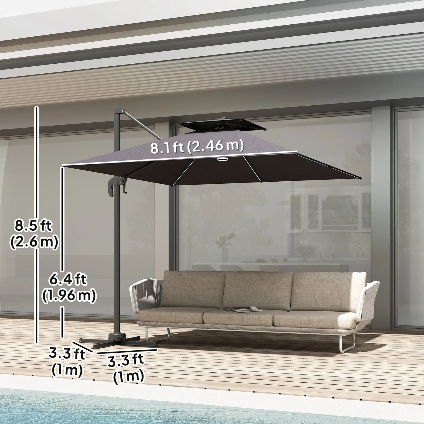 8' Cantilever Patio Umbrella, LED Lights, 360°Rotation, Dark Grey Offset Cantilever Umbrellas at Gallery Canada