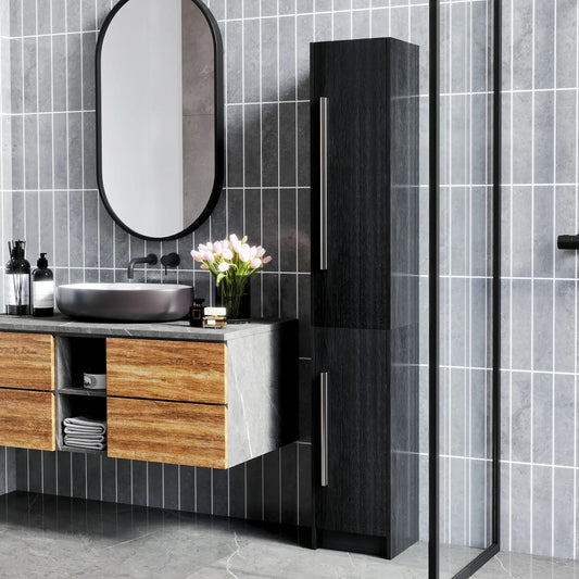 Grande armoire de rangement pour salle de bain, étagères réglables, grain de bois, noir